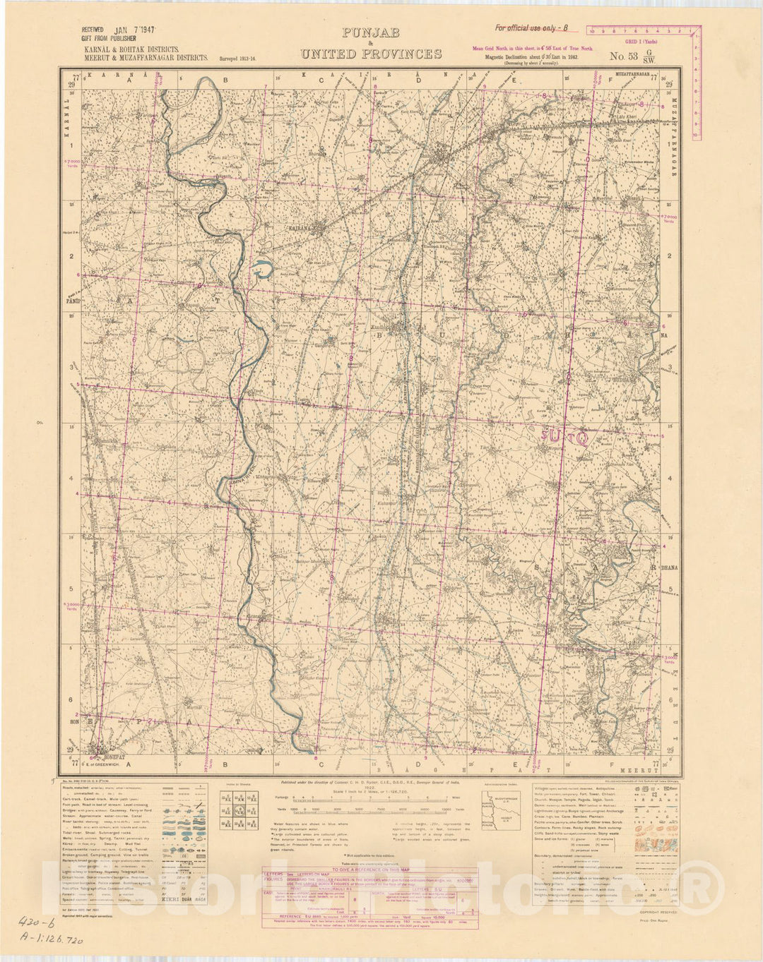 Historic Map : Karnal & Rohtak Districts, Meerut & Muzaffarnagar Districts, Punjab & United Provinces, No. 53 G/S.W. 1943, India and adjacent countries, Antique Vintage Reproduction