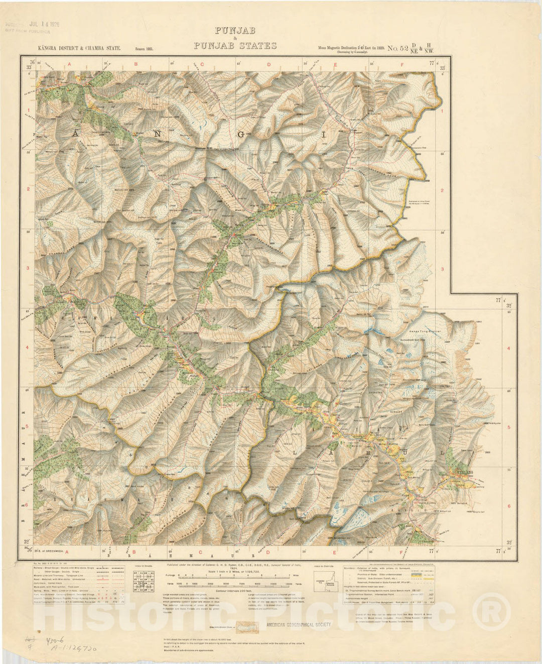 Map : Kangra District & Chamba State, Punjab & Punjab States, No. 52 D/N.E. & H/N.W. 1924, India and adjacent countries, Antique Vintage Reproduction