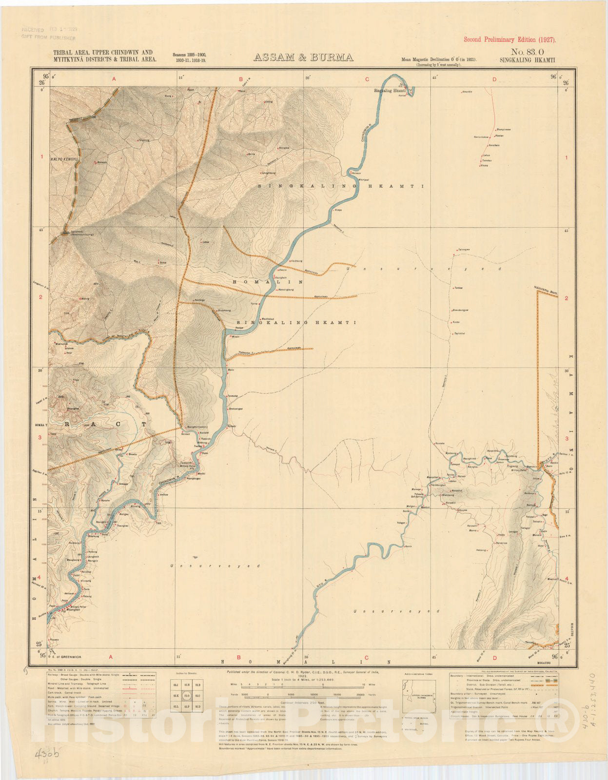 Map : Tribal area, Upper Chindwin and Myitkyina Districts & Tribal area, Assam & BurmaNo. 83 O Singkaling Khamti 1927, India 1:253,440, Antique Vintage Reproduction