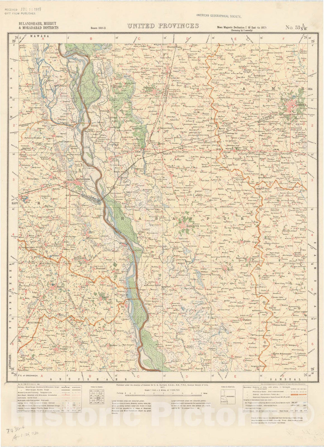 Map : Bulandshahr, Meerut & Moradabad Districts, United Provinces, No. 53 L/N.W. 1917, India and adjacent countries, Antique Vintage Reproduction