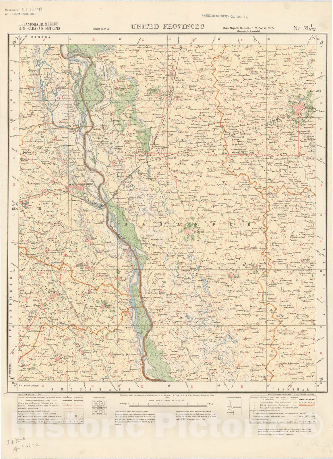 Map : Bulandshahr, Meerut & Moradabad Districts, United Provinces, No. 53 L/N.W. 1917, India and adjacent countries, Antique Vintage Reproduction