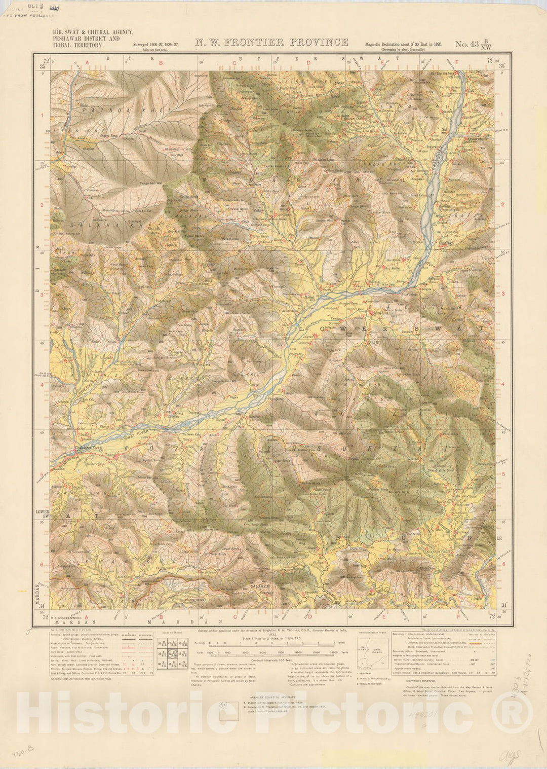 Historic Map : Dir, Swat & Chitral Agency, Peshawar District and Tribal Territory, N.W. Frontier Province, No. 43 B/N.W. 1932, India and adjacent countries, Antique Vintage Reproduction