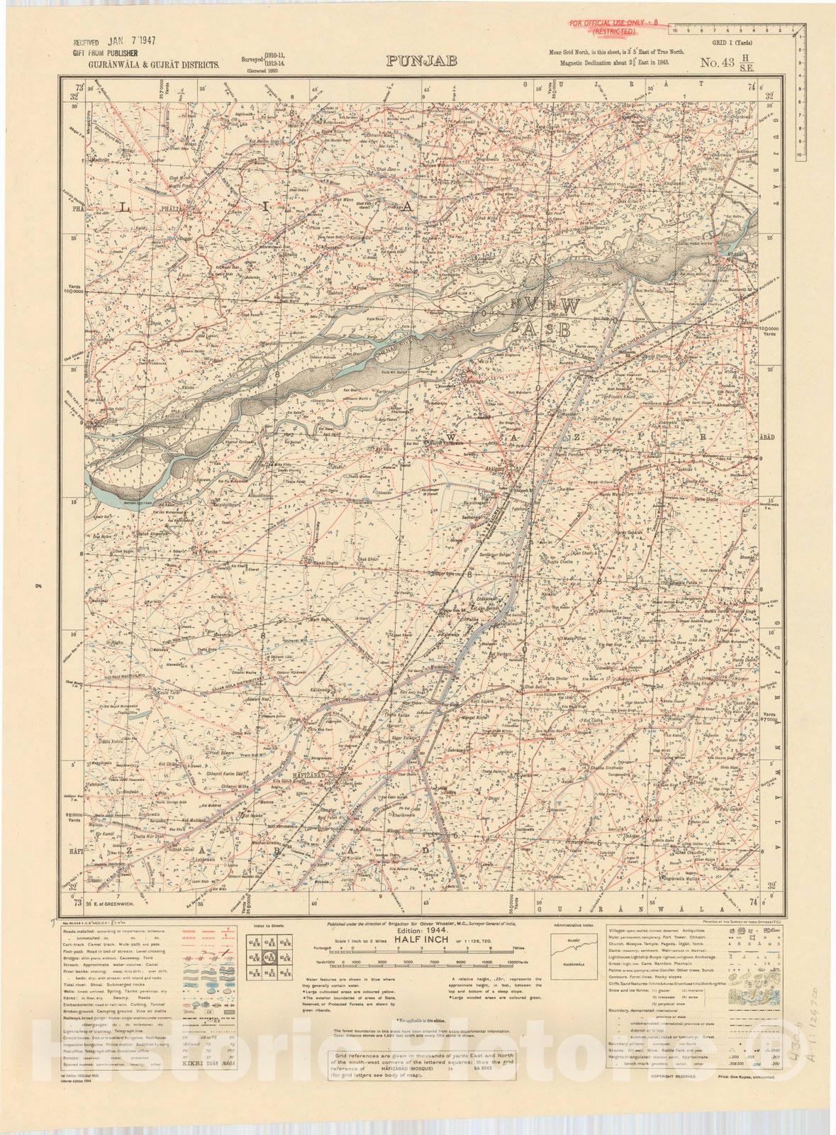 Map : Gujranwala & Gujrat Districts, Punjab, No. 43 H/S.E. 1944, India and adjacent countries, Antique Vintage Reproduction