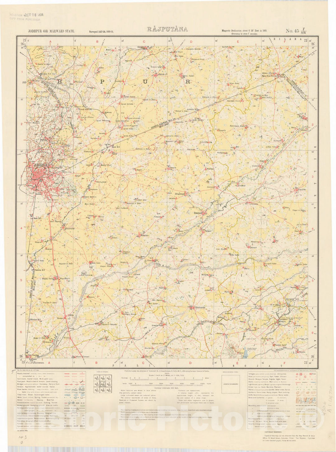 Map : Jodhpur (or Marwar) State, Rajputana, No. 45 F/S.W. 1933, India and adjacent countries, Antique Vintage Reproduction