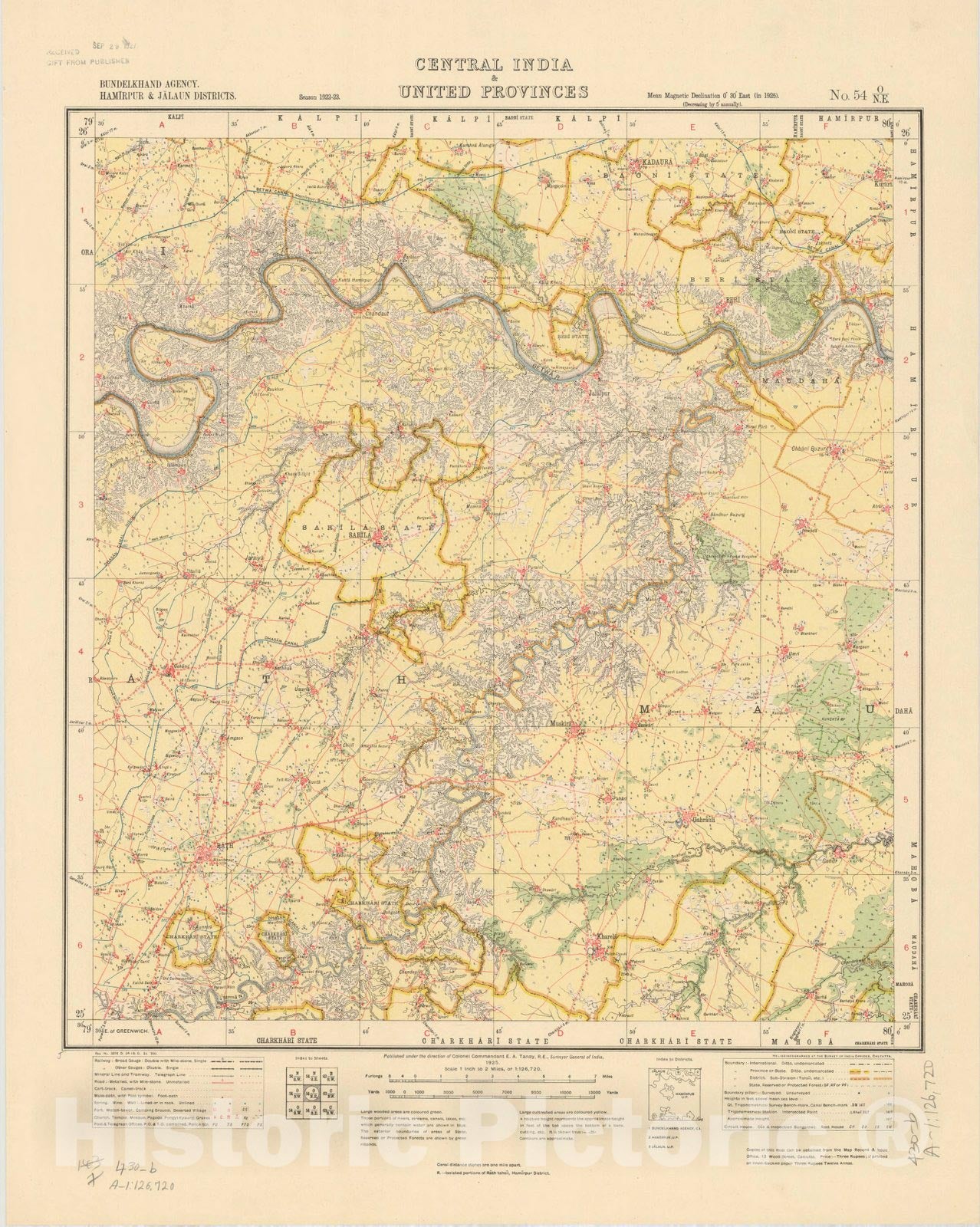 Map : Bundelkhand Agency, Hamirpur & Jalaun Districts, Central India & United Provinces No. 54 O/N.E. 1925, India and adjacent countries, Antique Vintage Reproduction