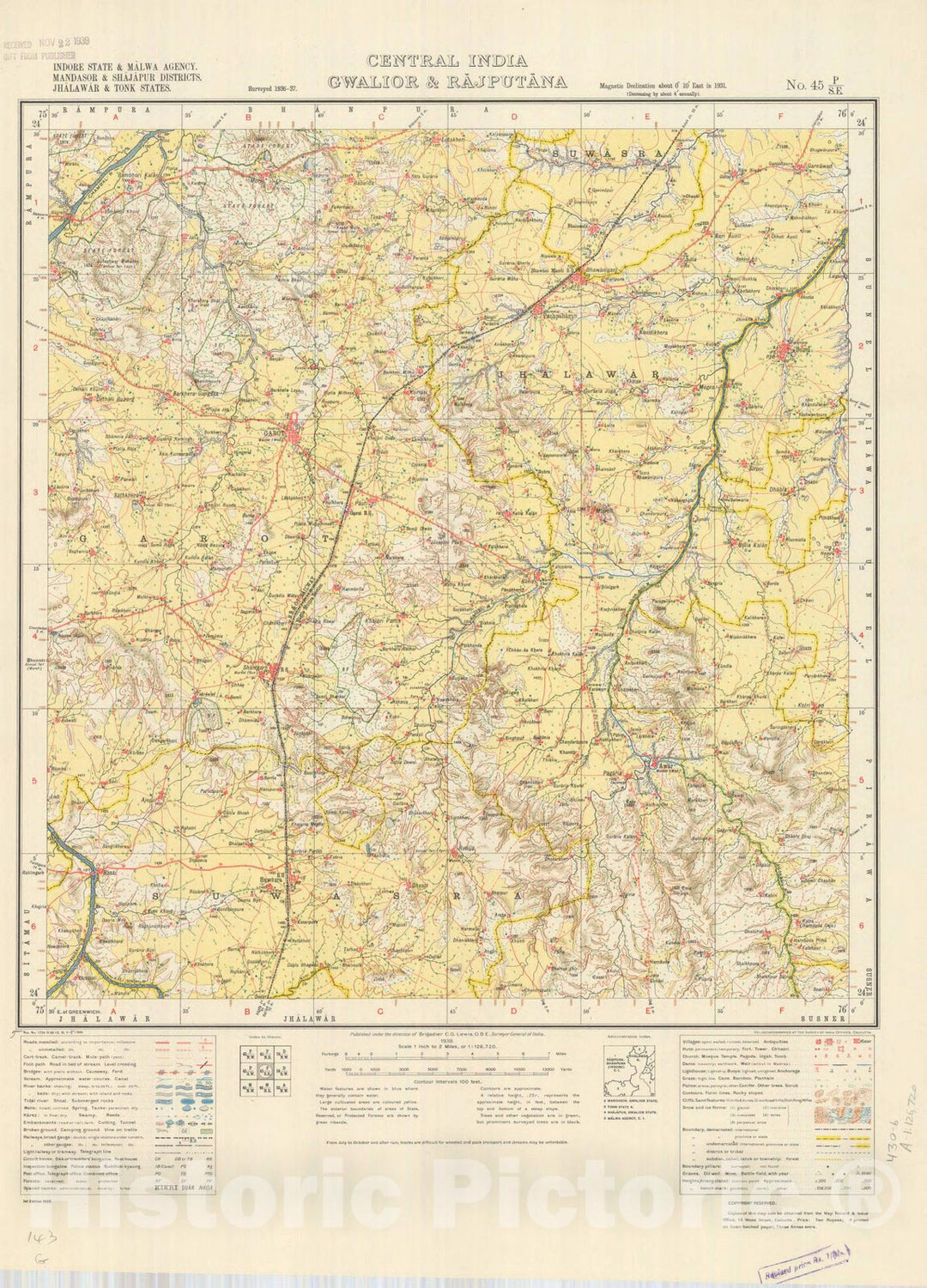 Historic Map : Indore State & Malwa Agency, Mandasor & Shajapur Districts, Jhalawar & Tonk States, Central India, Gwalior & Rajputana, No. 45 P/S.E. 1938, India and adjacent countries