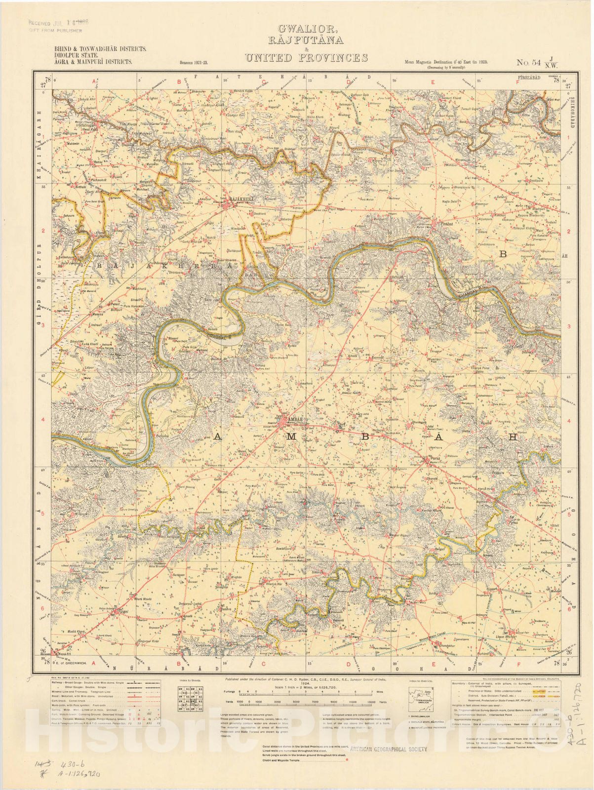 Map : Bundelkhand Agency & Indore State, Bhind, Jalaun Districts, Central India, Gwalior, Rajputana & United Provinces, No. 54 J/W.E. 1924, India and adjacent countries