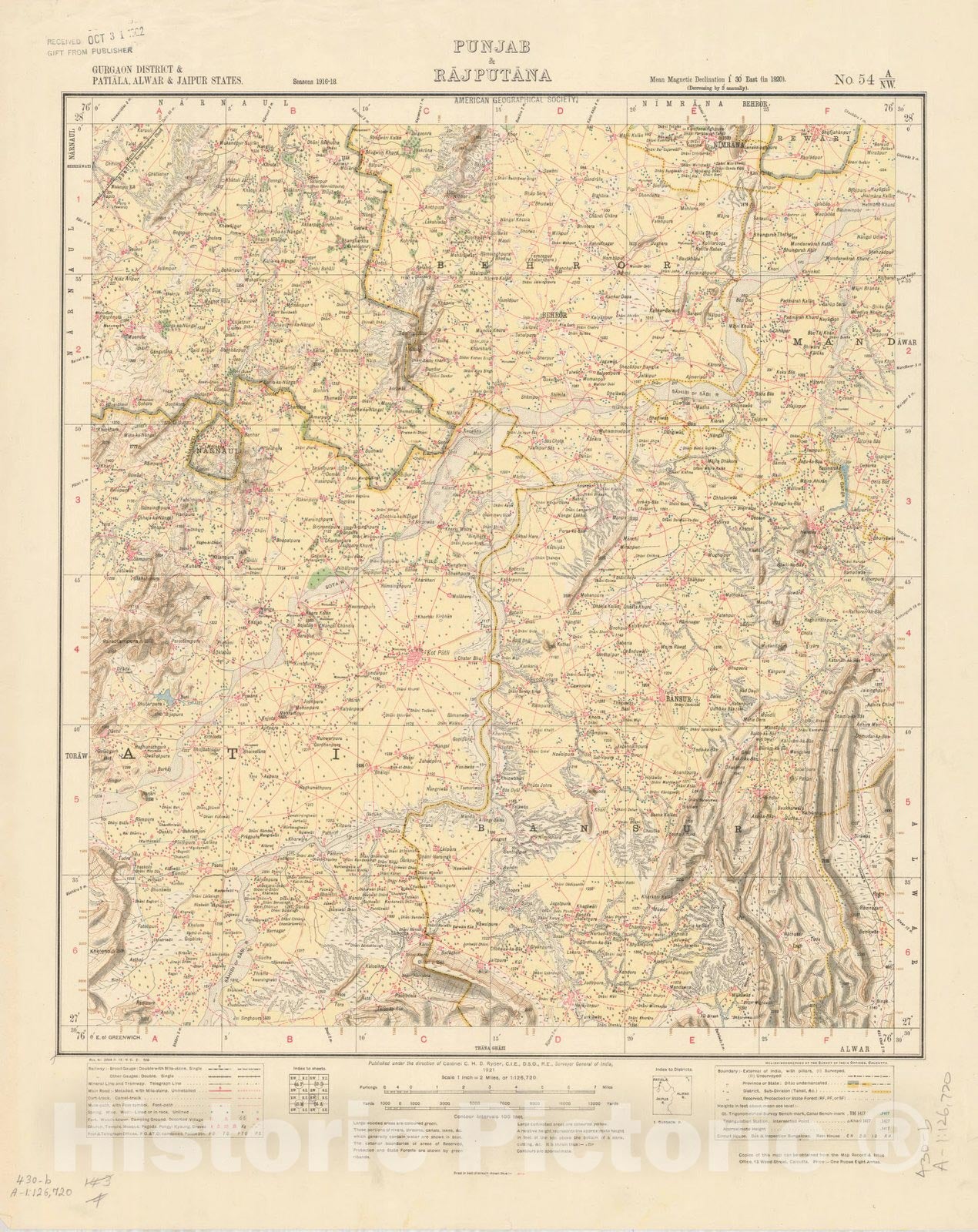 Map : Gurgaon District & Patiala, Alwar & Jaipur States, Punjab & Rajputana, No. 54 A/N.W. 1921, India and adjacent countries, Antique Vintage Reproduction