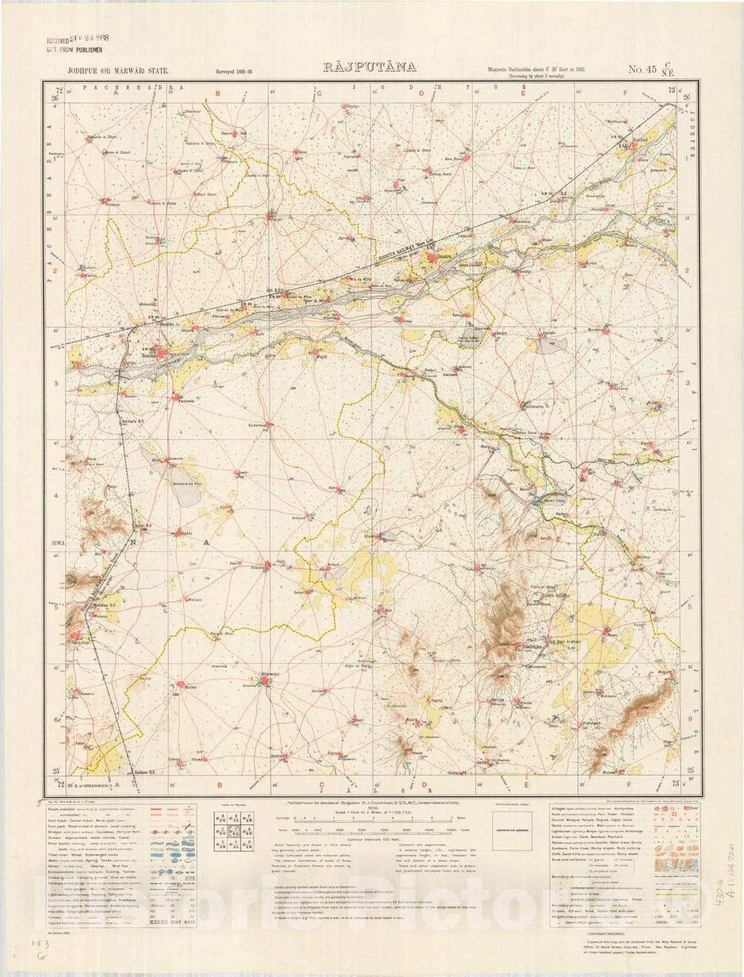 Map : Jodhpur (or Marwar) State, Rajputana, No. 45 C/N.E. 1936, India and adjacent countries, Antique Vintage Reproduction