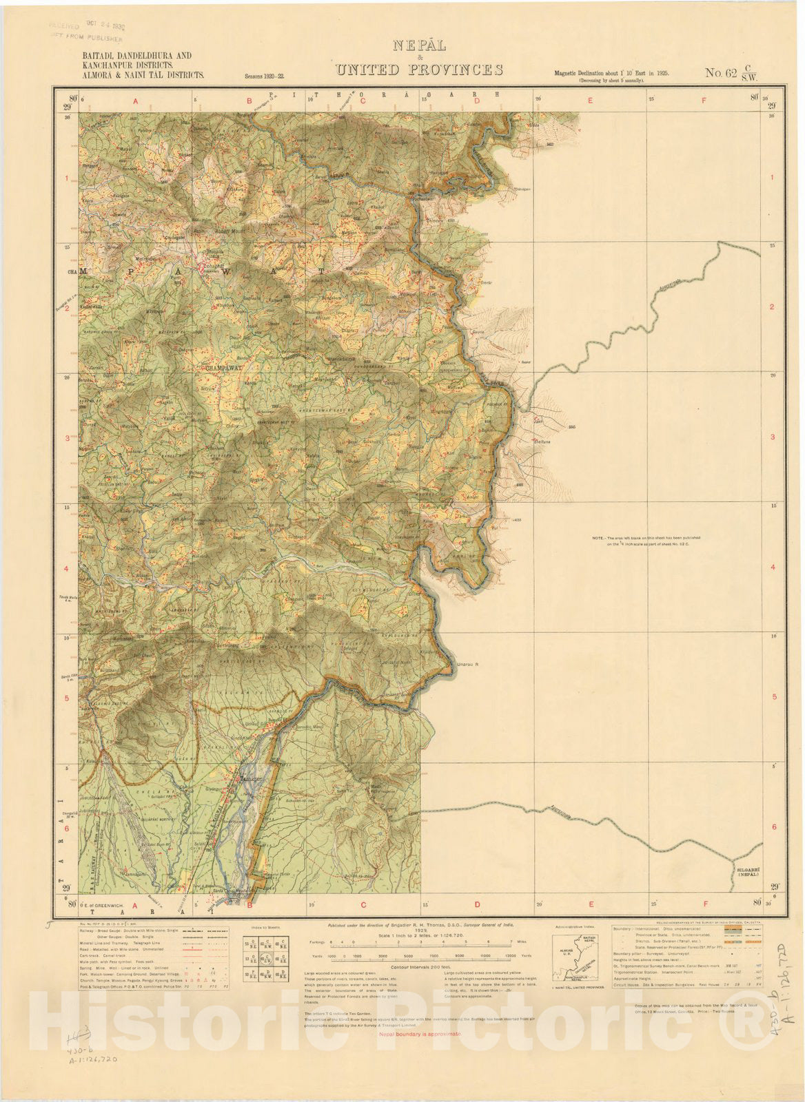 Map : Baitadi, Dandeldhura and Kanchanpur Districts, Almora & Naini Tal Districts, Nepal & United Provinces, No. 62 C/S.W. 1929, India and adjacent countries