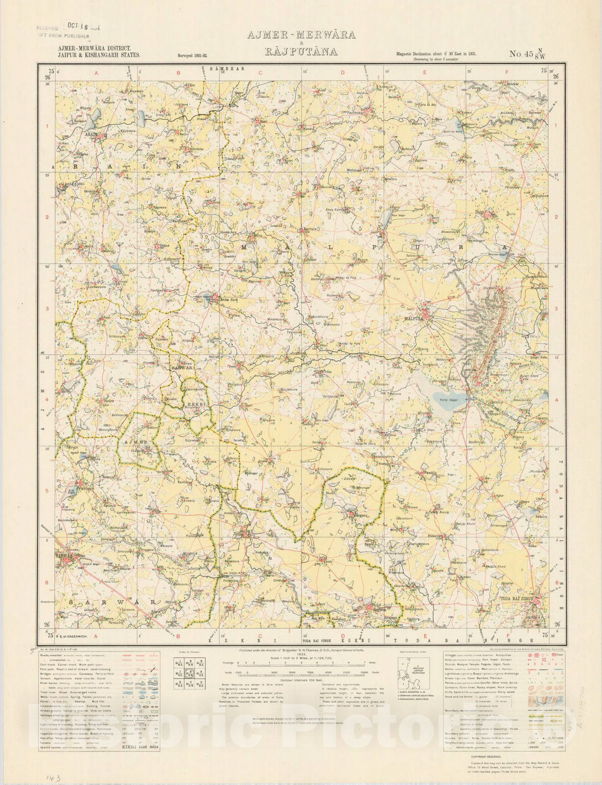 Map : Ajmer-Merwara District, Jaipur & Kishangarh States, Ajmer-Merwara & Rajputana, No. 45 N/S.W. 1933, India and adjacent countries, Antique Vintage Reproduction