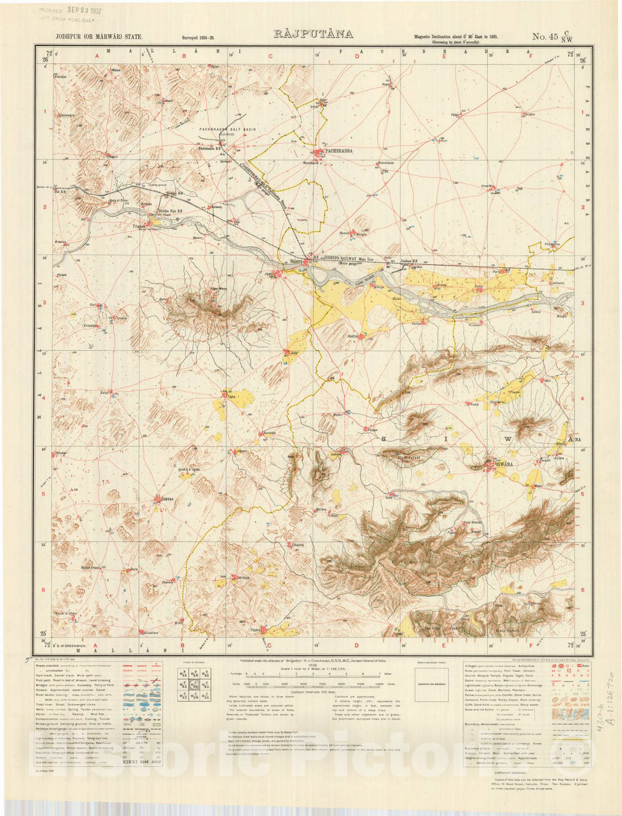 Map : Jodhpur (or Marwar) State, Rajputana No. 45 C/N.W. 1936, India and adjacent countries, Antique Vintage Reproduction