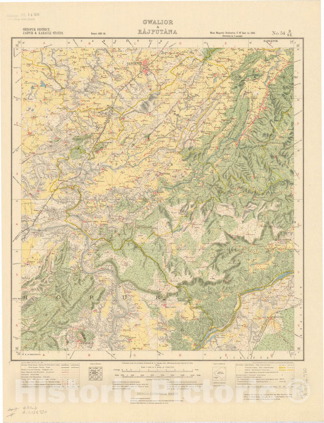 Map : Sheopur District, Jaipur & Karauli STates, Gwalior & Rajputana, No. 54 B/S.E. 1924, India and adjacent countries, Antique Vintage Reproduction