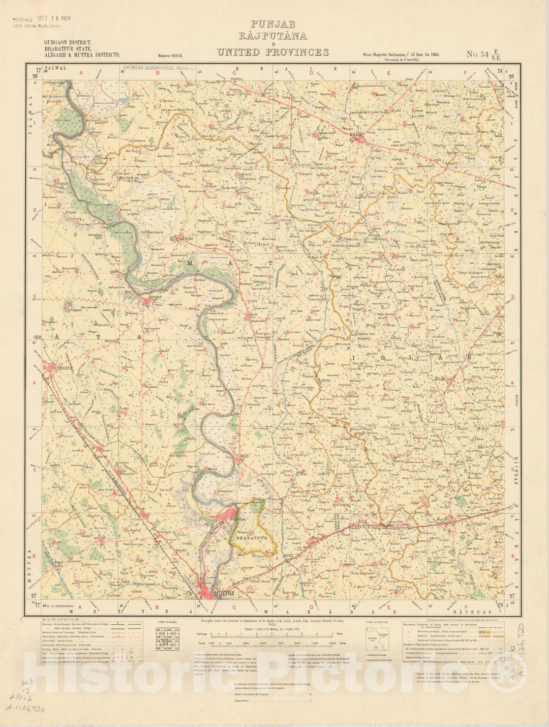 Map : Gurgaon District, Bharatpur State, Aligarh & Muttra Districts, Punjab, Rajputana & United Provinces, No. 54 E/N.E. 1922, India and adjacent countries