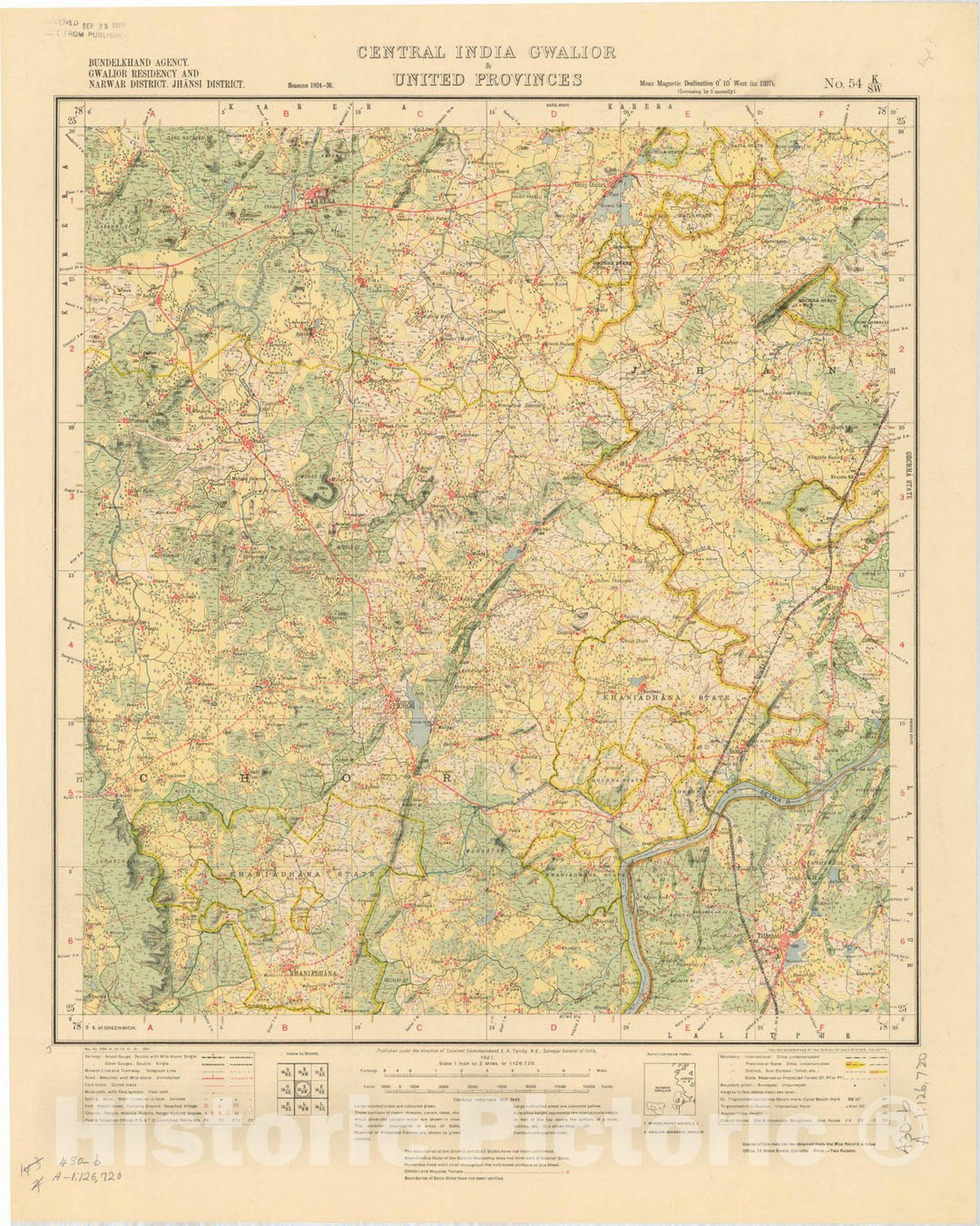 Historic Map : Bundelkhand Agency, Gwalior Residency and Narwar District, Jhansi District, Central India, Gwalior & United Provinces, No. 54 K/S.W. 1927, India and adjacent countries