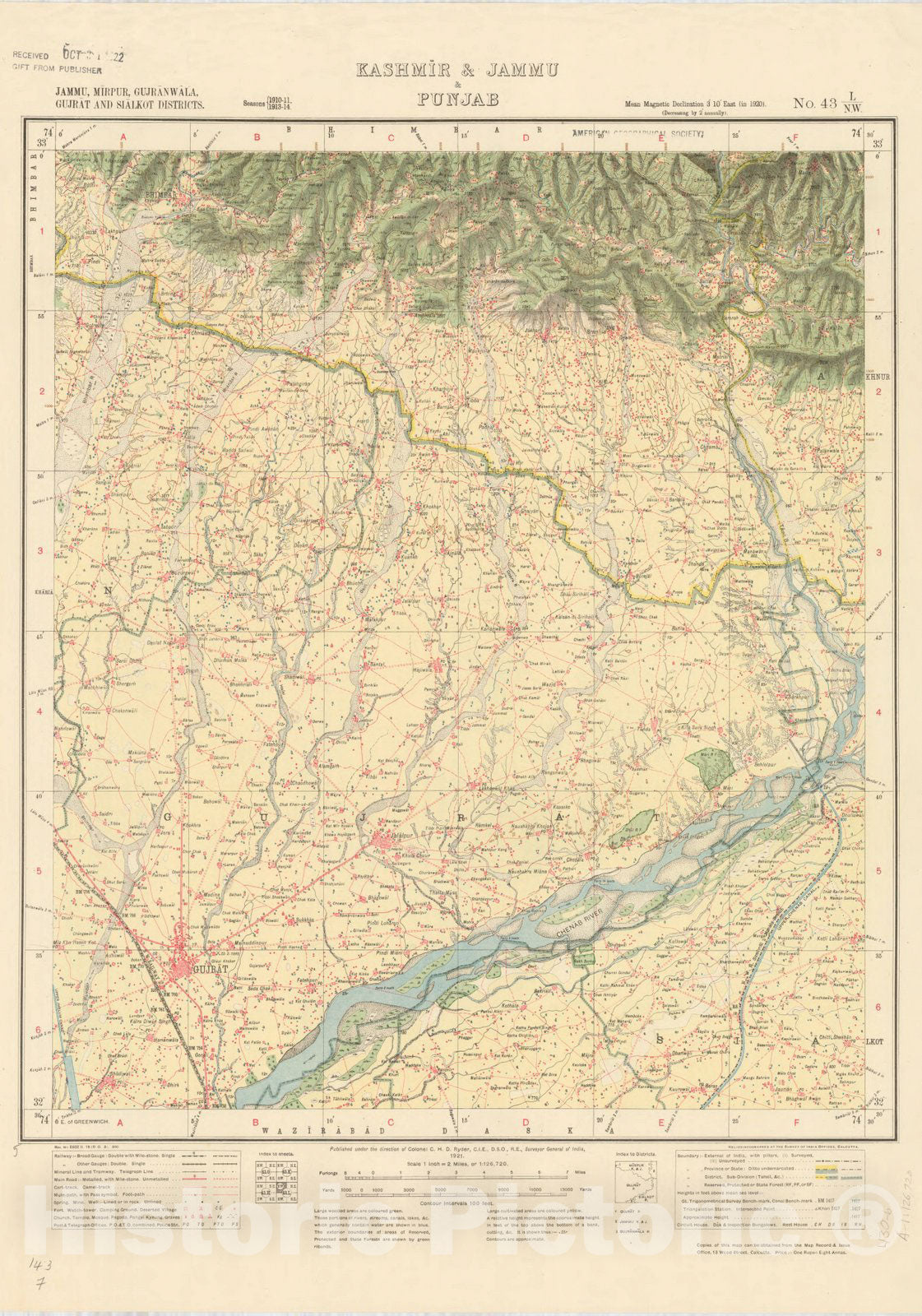 Map : Jammu, Mirpur, Gufranwala, Gufrat and Sialkot Districts, Kashmir & Jammu & Punjab No. 43 L/N.W. 1921, India 1:126,720, Antique Vintage Reproduction