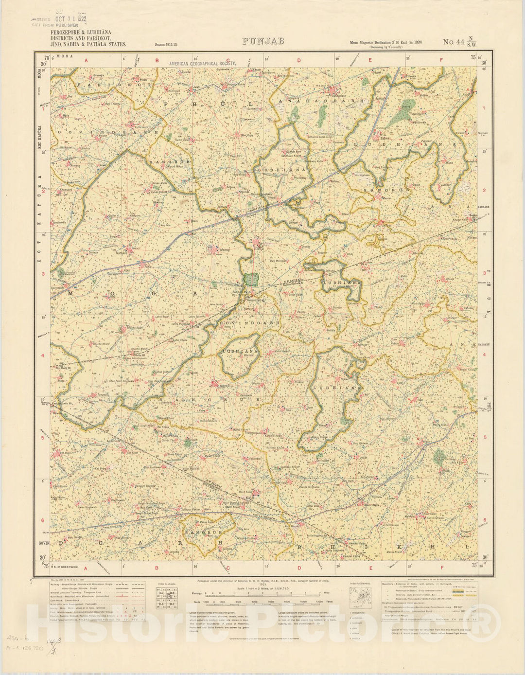 Historic Map : Ferozepore & Ludhiana Districts and Faridkot, Jind, Nabha & Patiala States, Punjab, No. 44 N/S.W. 1921, India and adjacent countries, Antique Vintage Reproduction