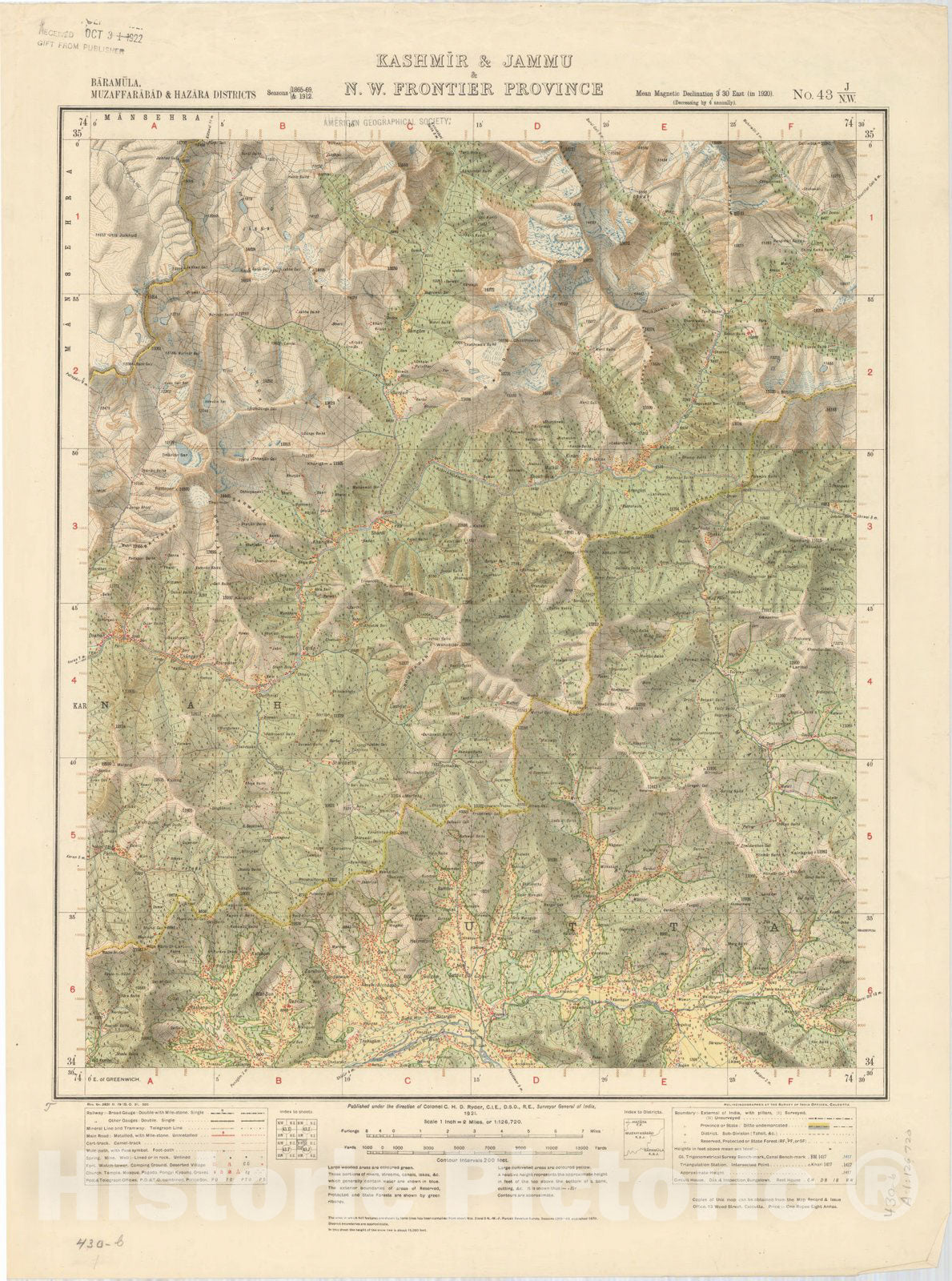 Historic Map : Baramula, Muzaffarabad & Hazara Districts, Kashmir & Jammu & N.W. Frontier Province, No. 43 J/N.W. 1921, India and adjacent countries, Antique Vintage Reproduction