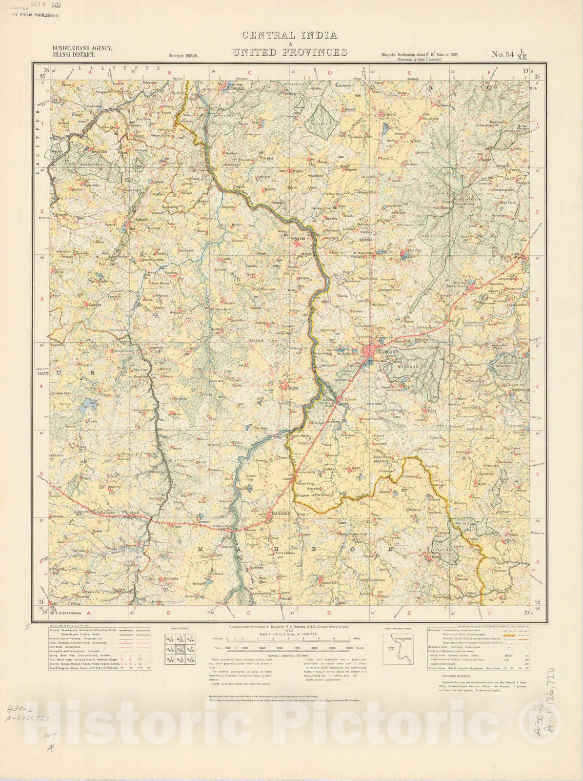 Map : Bundelkhand Agency, Jhansi District, Central India & United Provinces, No. 54 L/N.E. 1932, India and adjacent countries, Antique Vintage Reproduction