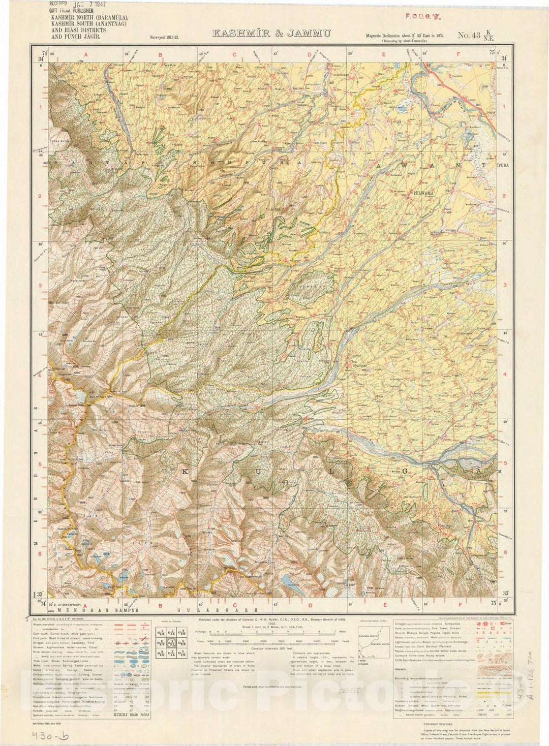 Map : Kashmir North (Baramula), Kashmir Souoth (Anantnag) and Riasi Districts and Punch Jagir, Kashmir & Jammu No. 43 K/N.E. 1939, India and adjacent countries