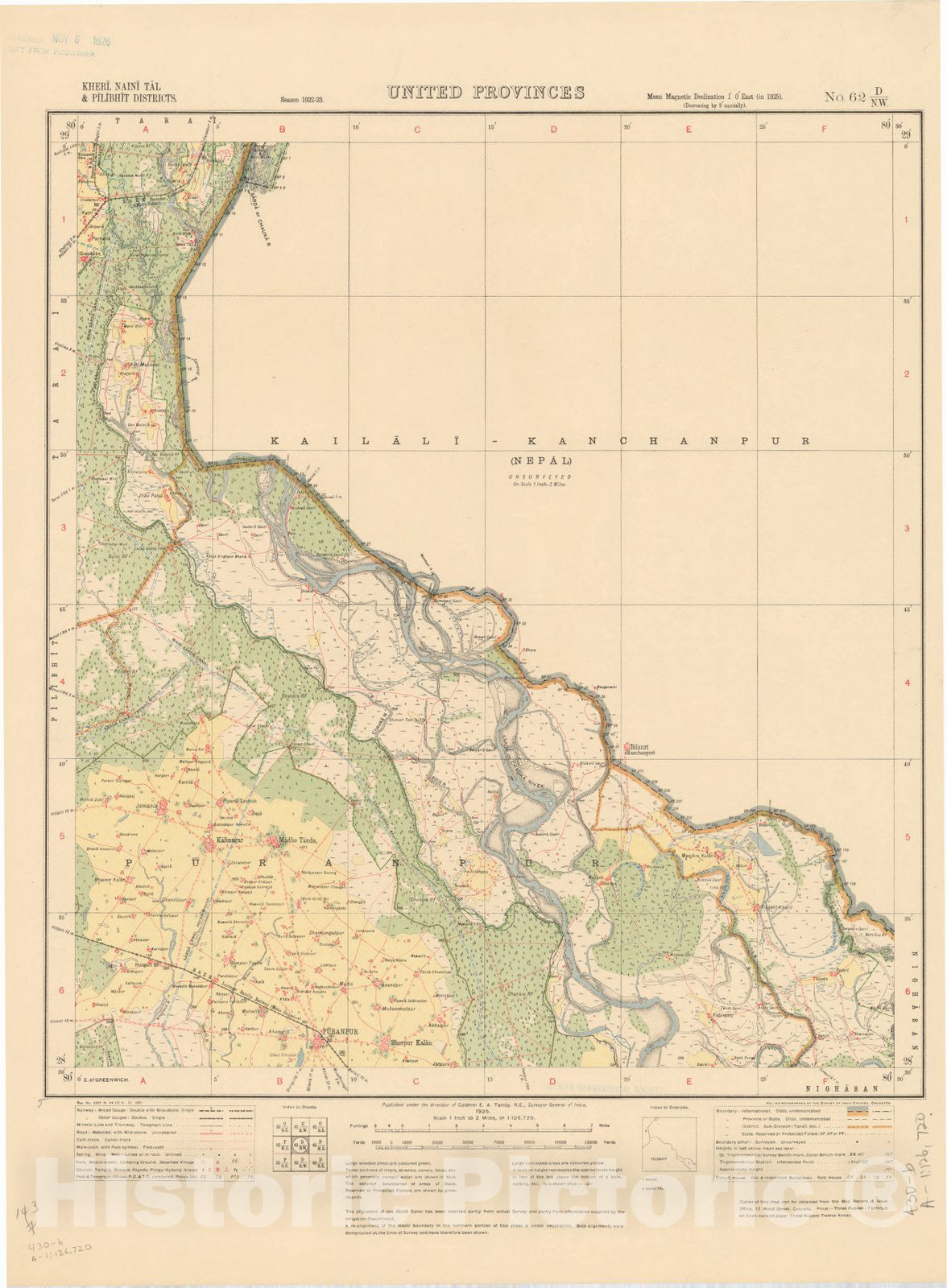 Map : Kheri, Naini Tal & Pilibhit Districts, United Provinces, No. 62 D/N.W. 1925, India and adjacent countries, Antique Vintage Reproduction