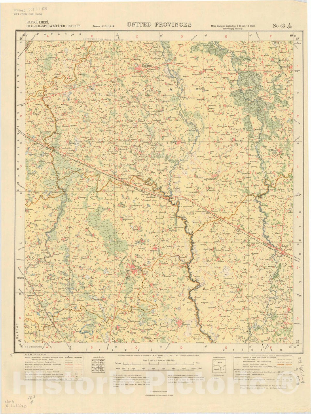 Map : Hardoi, Kheri, Shahjahanpur & Sitapur Districts, United Provinces, No. 63 A/N.W. 1929, India and adjacent countries, Antique Vintage Reproduction