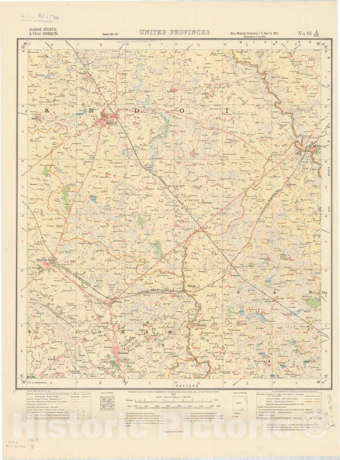 Map : Hardoi, Sitapur, & Unao Districts, United Provinces, No. 63 A/S.W. 1922, India and adjacent countries, Antique Vintage Reproduction