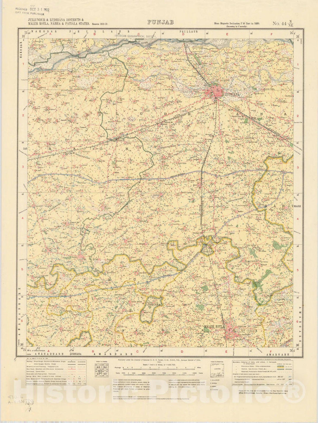 Map : Jullundur & Ludhiana Districts & Maler Kotla, Nabha & Patiala States, Punjab No. 44 N/N.E. 1921, India and adjacent countries, Antique Vintage Reproduction