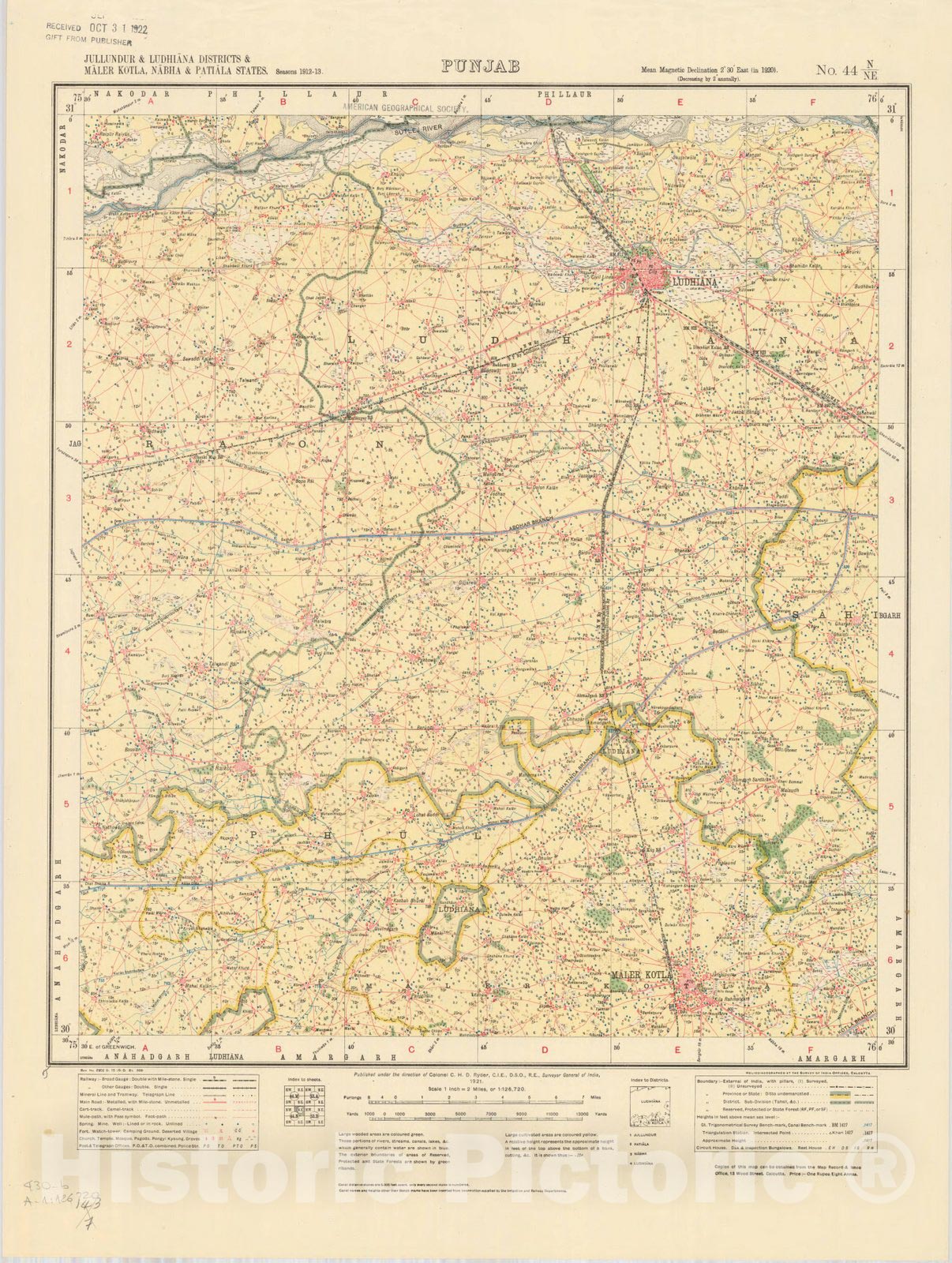 Map : Jullundur & Ludhiana Districts & Maler Kotla, Nabha & Patiala States, Punjab No. 44 N/N.E. 1921, India and adjacent countries, Antique Vintage Reproduction