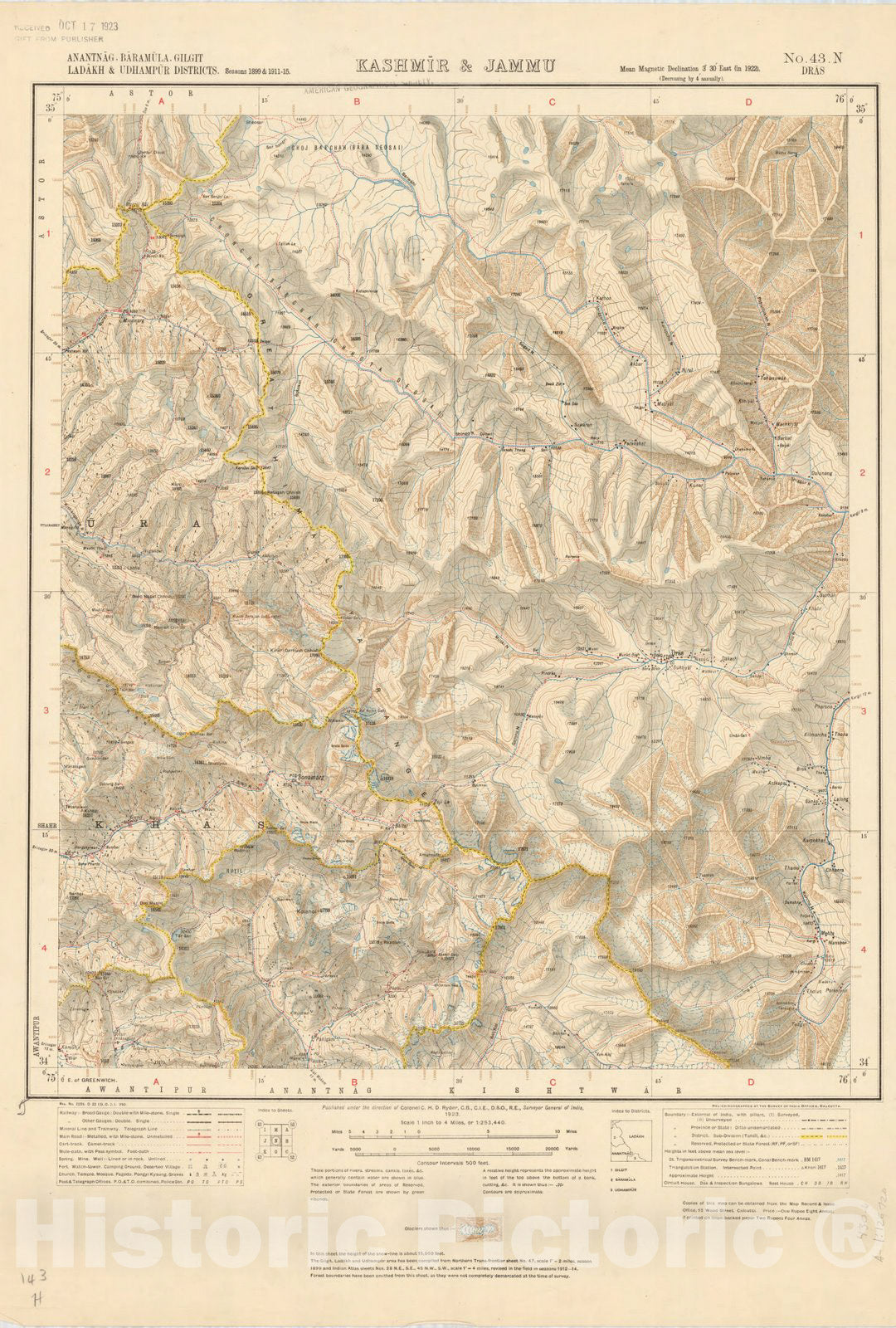 Map : Anantnag, Baramula, Gilgit Ladakh & Udhampur Districts, Kashmir & Jammu, No. 43 N. Dras 1923, India 1:126,720, Antique Vintage Reproduction