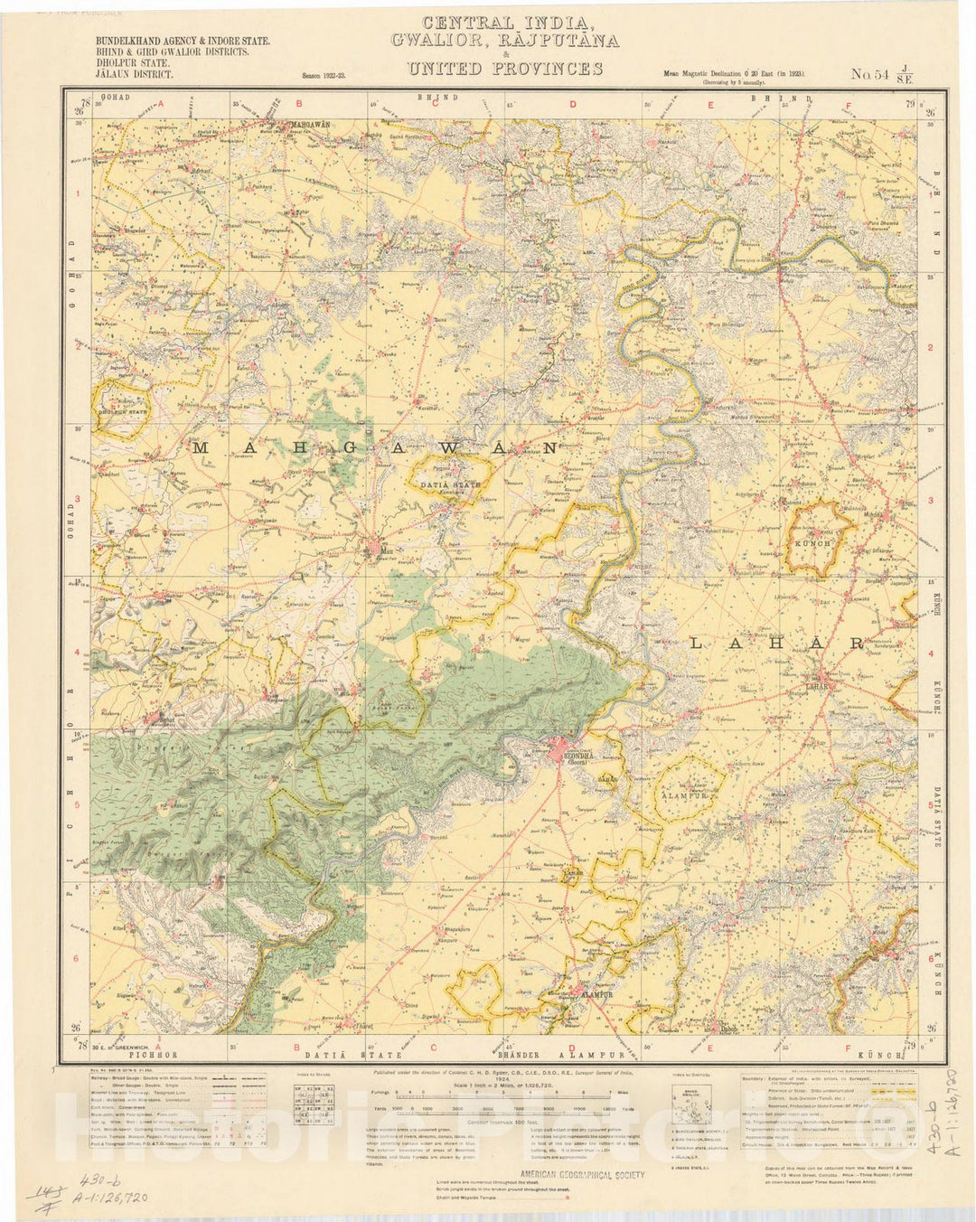 Map : Bundelkhand Agency & Indore State, Bhind & Gird Gwalior Districts, Dholpur State, Jalaun District, Central India, No. 54 J/S.E. 1938, India and adjacent countries