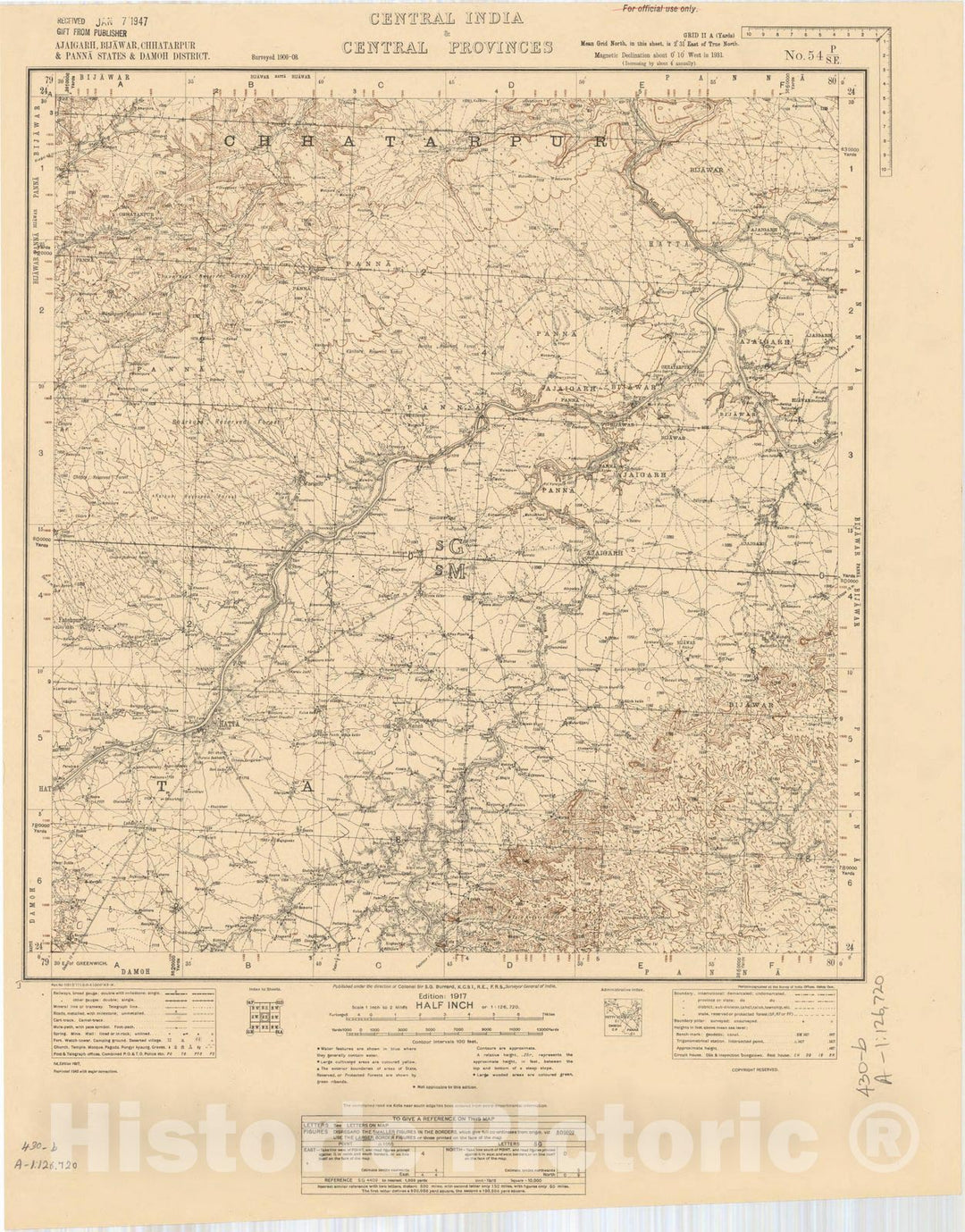 Map : Ajaigarh, Bijawar, Chhatarpur & Panna States & Damoh District, Central India & Central Provinces, No. 54 P/S.E. 1943, India and adjacent countries