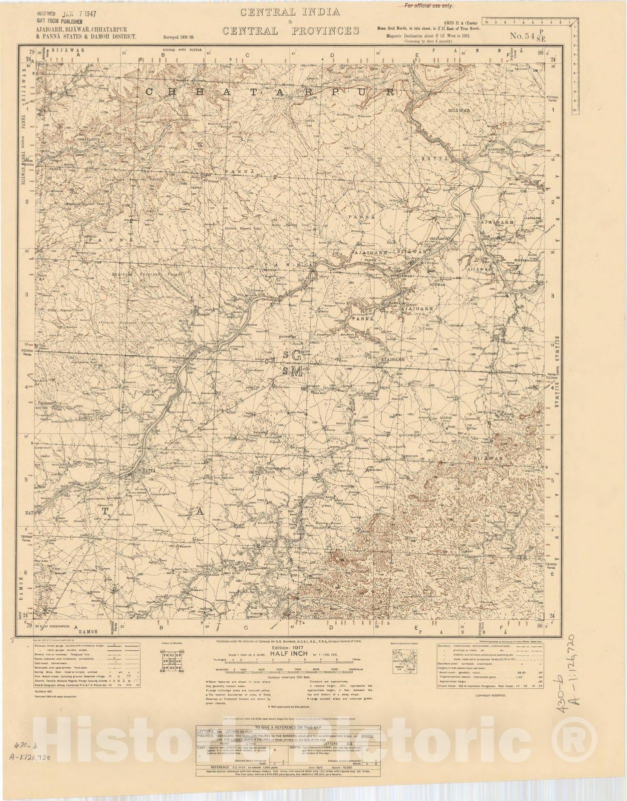 Map : Ajaigarh, Bijawar, Chhatarpur & Panna States & Damoh District, Central India & Central Provinces, No. 54 P/S.E. 1943, India and adjacent countries