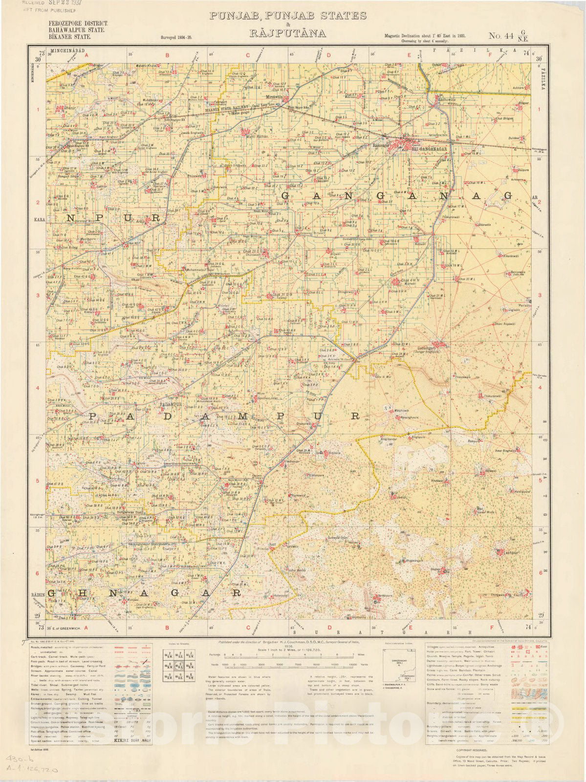 Map : Ferozepore District, Bahawalpur State, Bikaner State, Punjab, Punjab States & Rajputana, No. 44 G/N.E. 1936, India 1:126,720, Antique Vintage Reproduction