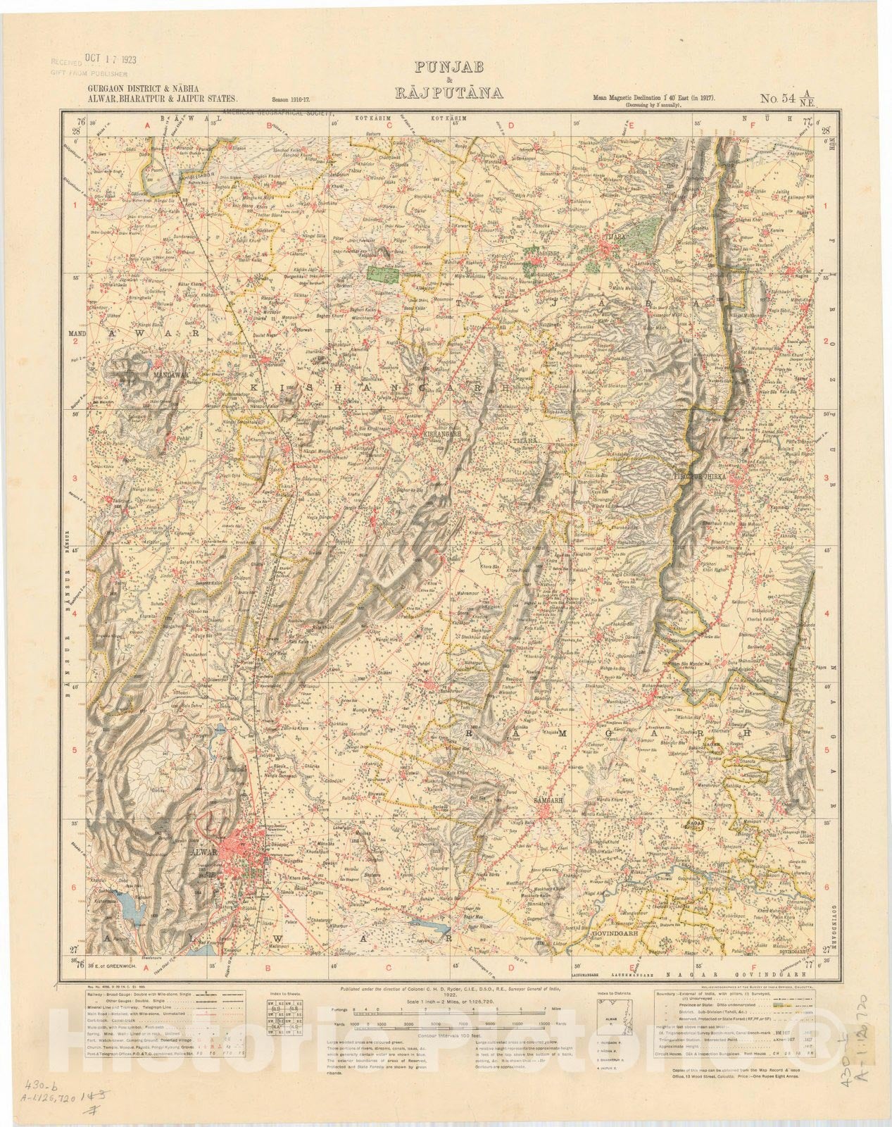 Map : Gurgaon District & Nabha Alwar, Bharatpur & Jaipur States, Punjab & Rajputana, No. 54 A/N.E. 1922, India and adjacent countries, Antique Vintage Reproduction