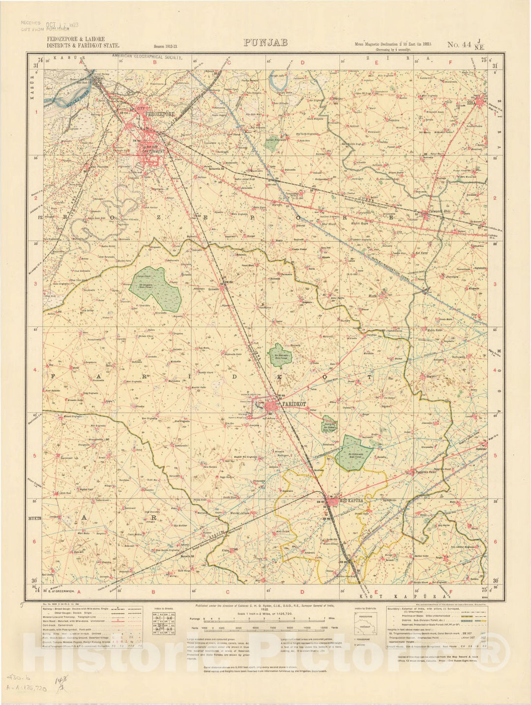 Map : Ferozepore & Lahore Districts & Faridkot State, Punjab No. 44 J/N.E. 1922, India 1:126,720, Antique Vintage Reproduction