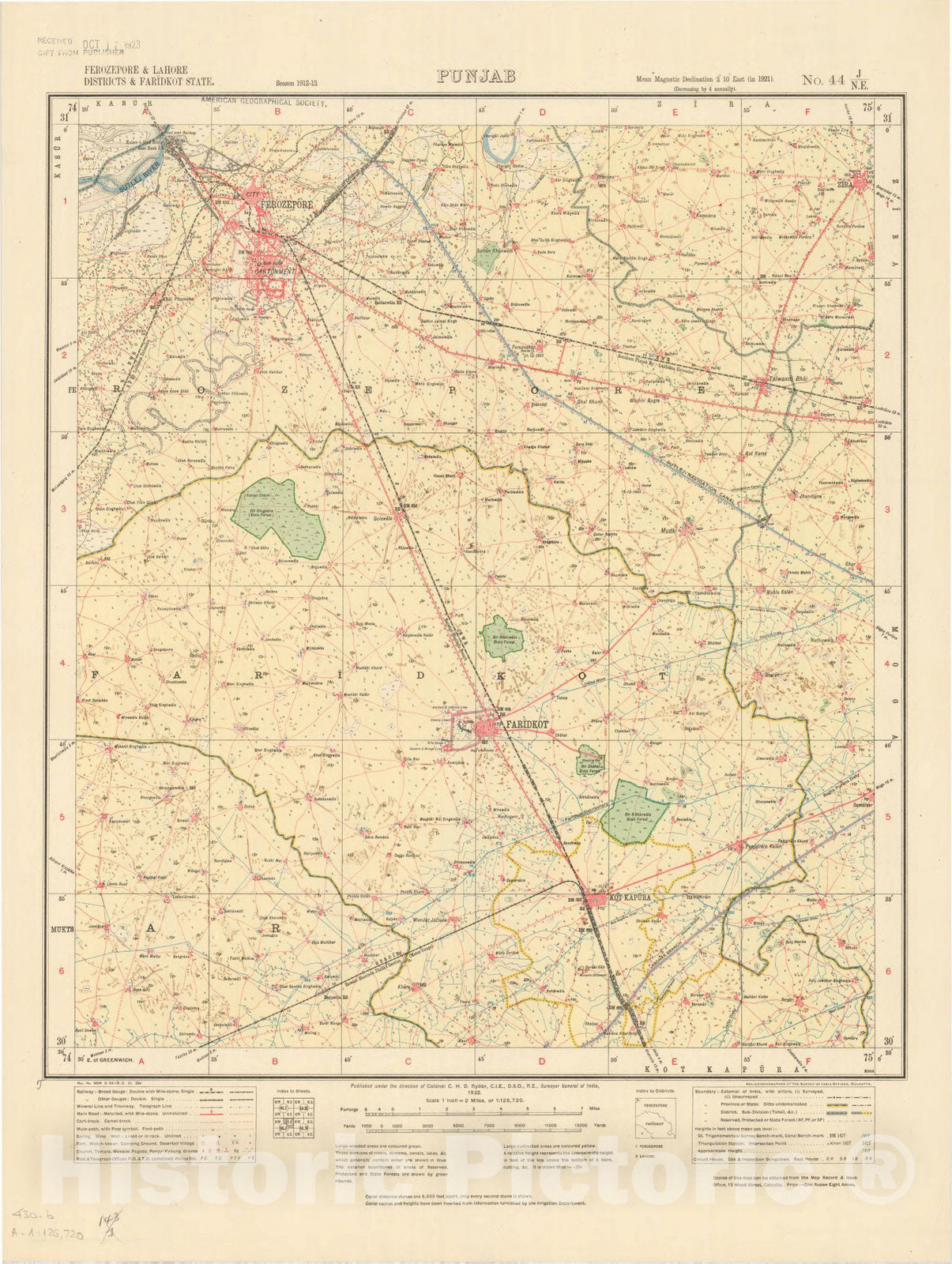 Map : Ferozepore & Lahore Districts & Faridkot State, Punjab No. 44 J/N.E. 1922, India 1:126,720, Antique Vintage Reproduction