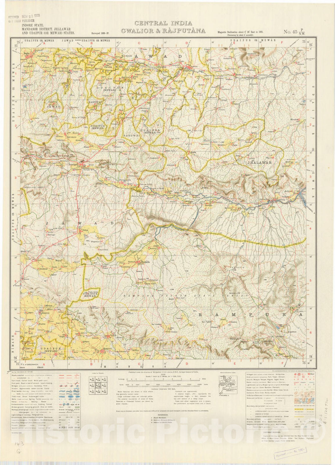 Map : Indore State, Mandasore District, Jhalawar and Udaipur (or Mewar) States, Central India, Gwalior & Rajputana, No. 45 P/N.W. 1938, India and adjacent countries