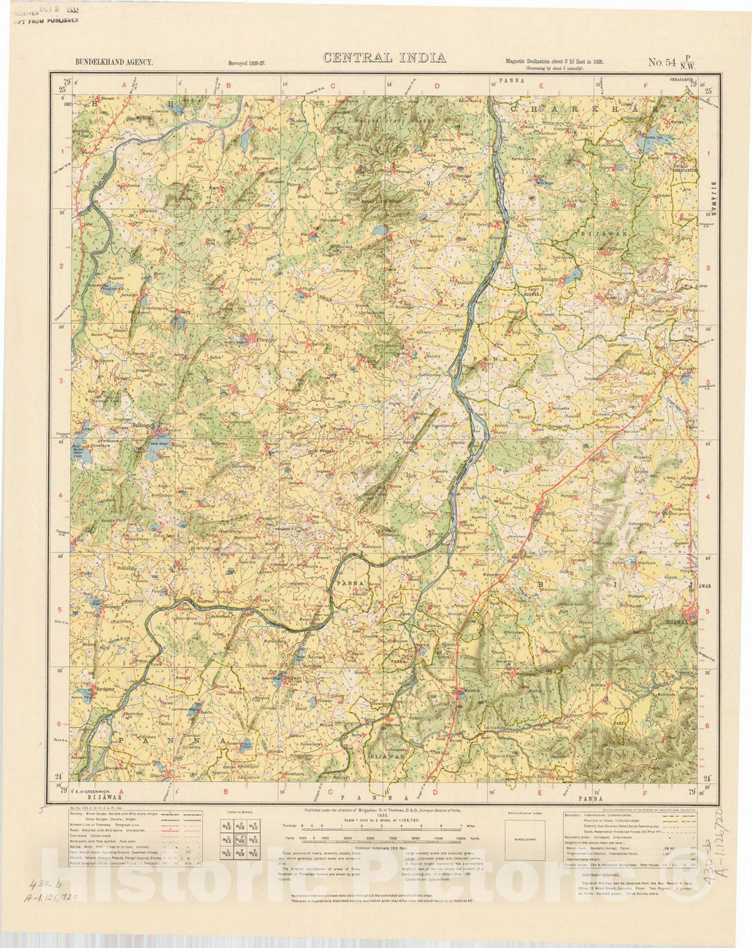 Map : Bundelkhand Agency, Central India, No. 54 P/N.W. 1932, India and adjacent countries, Antique Vintage Reproduction