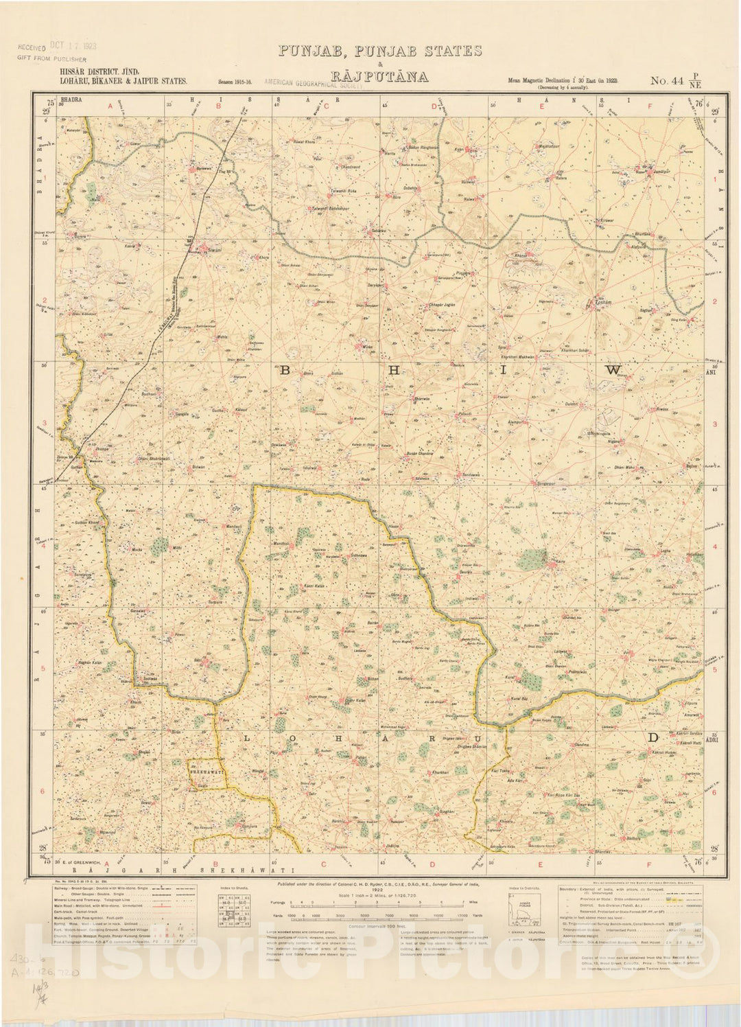 Historic Map : Hissar District, Jind, Loharu, Bikaner & Jaipur States, Punjab, Punjab States, & Rajputana No. 44 P/N.E. 1922, India and adjacent countries, Antique Vintage Reproduction