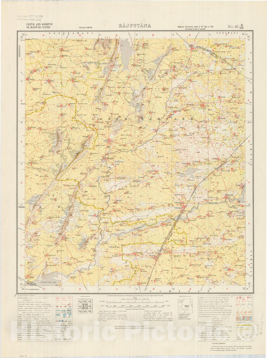 Map : Jaipur and Jodhpur or Marwar States, Rajputana, No. 45 M/S.W. 1933, India and adjacent countries, Antique Vintage Reproduction