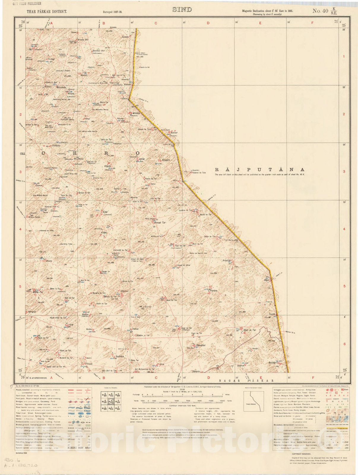 Map : Thar Parkar District, Sind, No. 40 K/S.E. 1938, India 1:126,720, Antique Vintage Reproduction