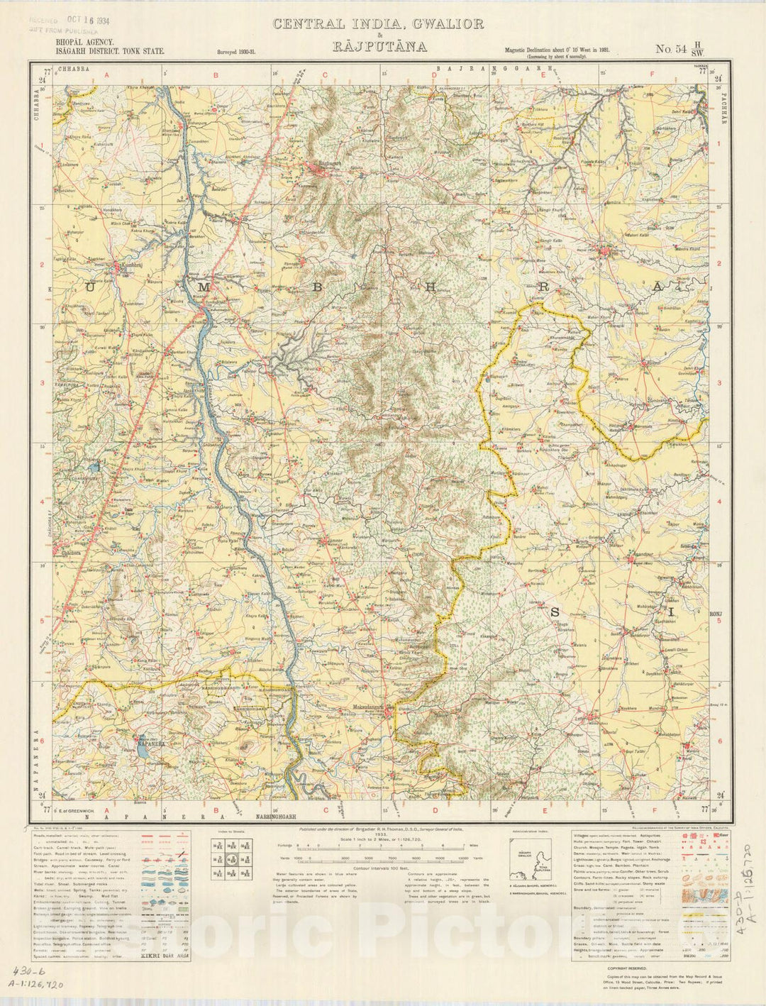 Map : Bhopal Agency, Isagarh District, Tonk State, Central India, Gwalior & Rajputana, No. 54 H/S.W. 1933, India and adjacent countries, Antique Vintage Reproduction