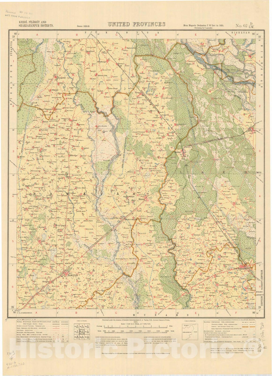 Map : Kheri, Pilibhit and Shahjahanpur Districts, United Provinces, No. 62 D/S.W. 1925, India and adjacent countries, Antique Vintage Reproduction