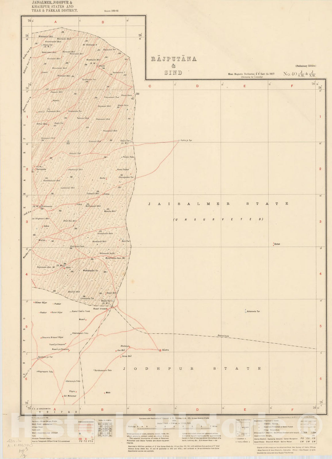 Map : Jaisalmer, Jodhpur & Khairpur, States and Thar & Parkar District, Rajputana & Sind, No. 40 J/S.W. & J/N.W. 1905, India 1:126,720, Antique Vintage Reproduction