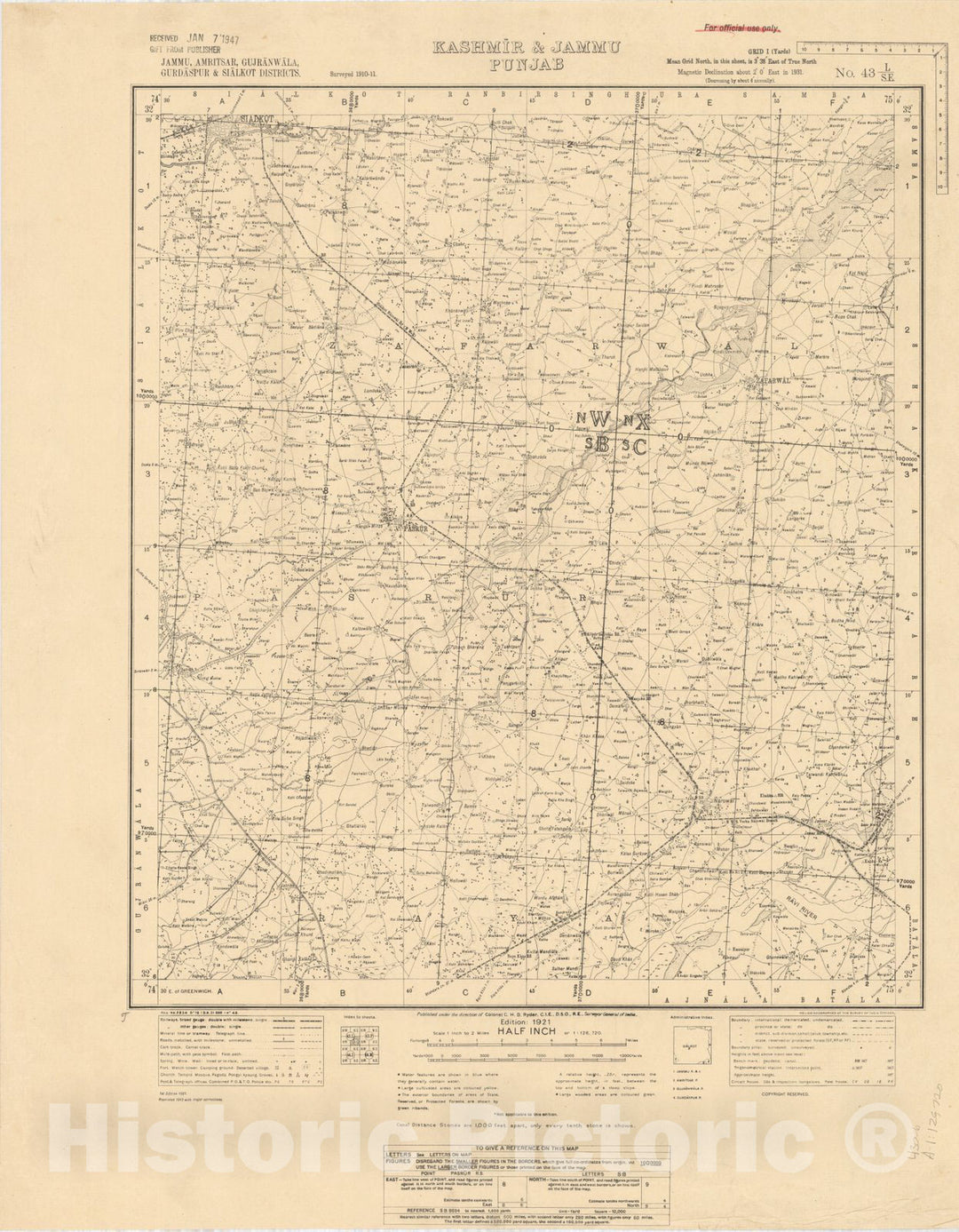 Map : Jammu, Amritsar, Gufranwala, Gurdaspur & Sialkot Districts, Kashmir & Jammu, Punjab No. 43 L/S.E. 1943, India 1:126,720, Antique Vintage Reproduction