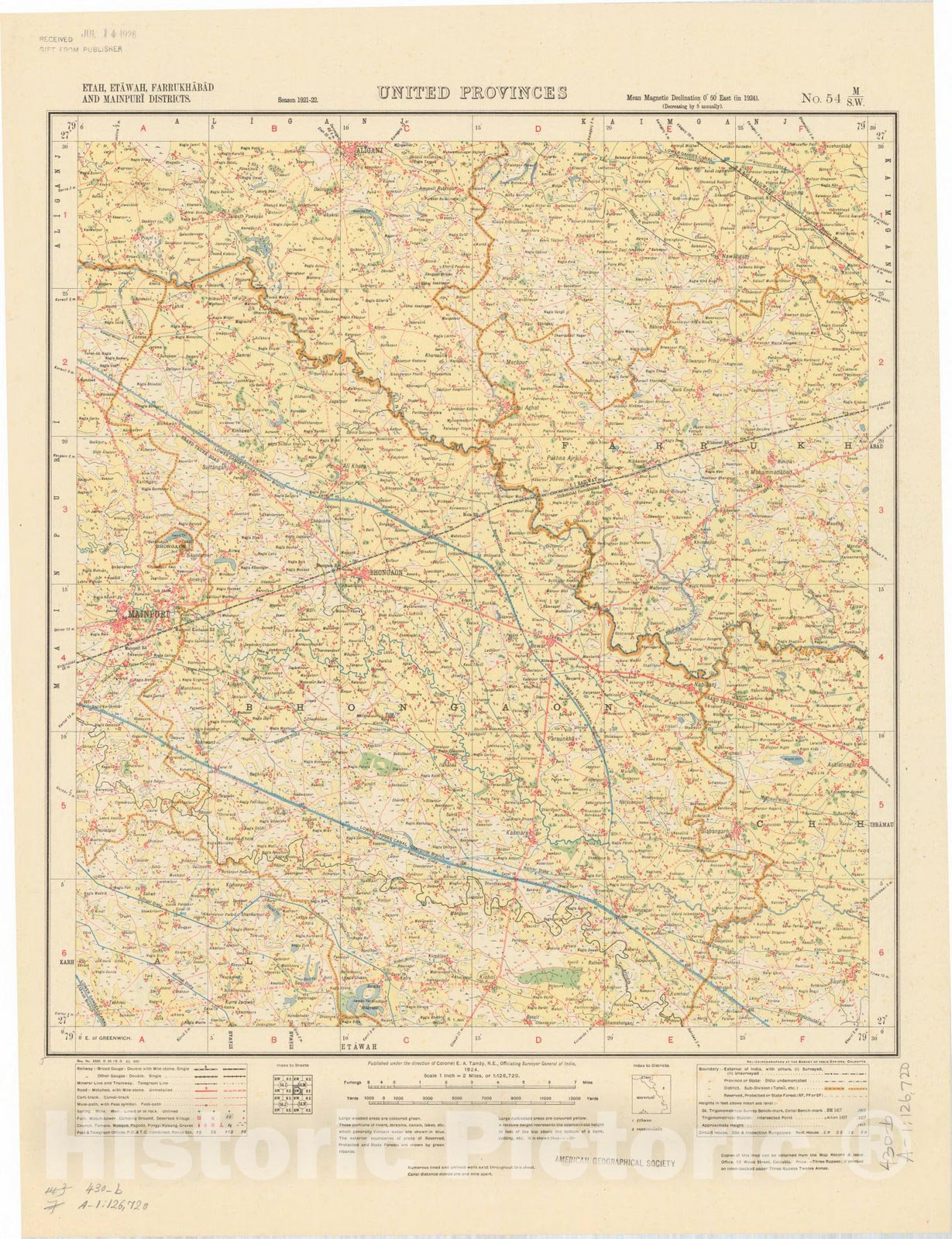 Map : Etah, Etawah, Farrukhabad and Mainpuri Districts, United Provinces, No. 54 M/S.W. 1924, India and adjacent countries, Antique Vintage Reproduction