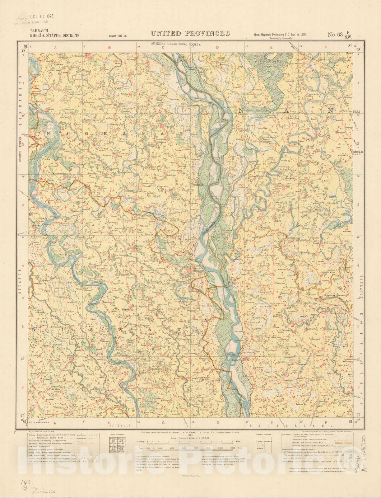 Map : Bahraich, Kheri & Sitapur Districts, United Provinces, No. 63 E/N.W. 1922, India and adjacent countries, Antique Vintage Reproduction