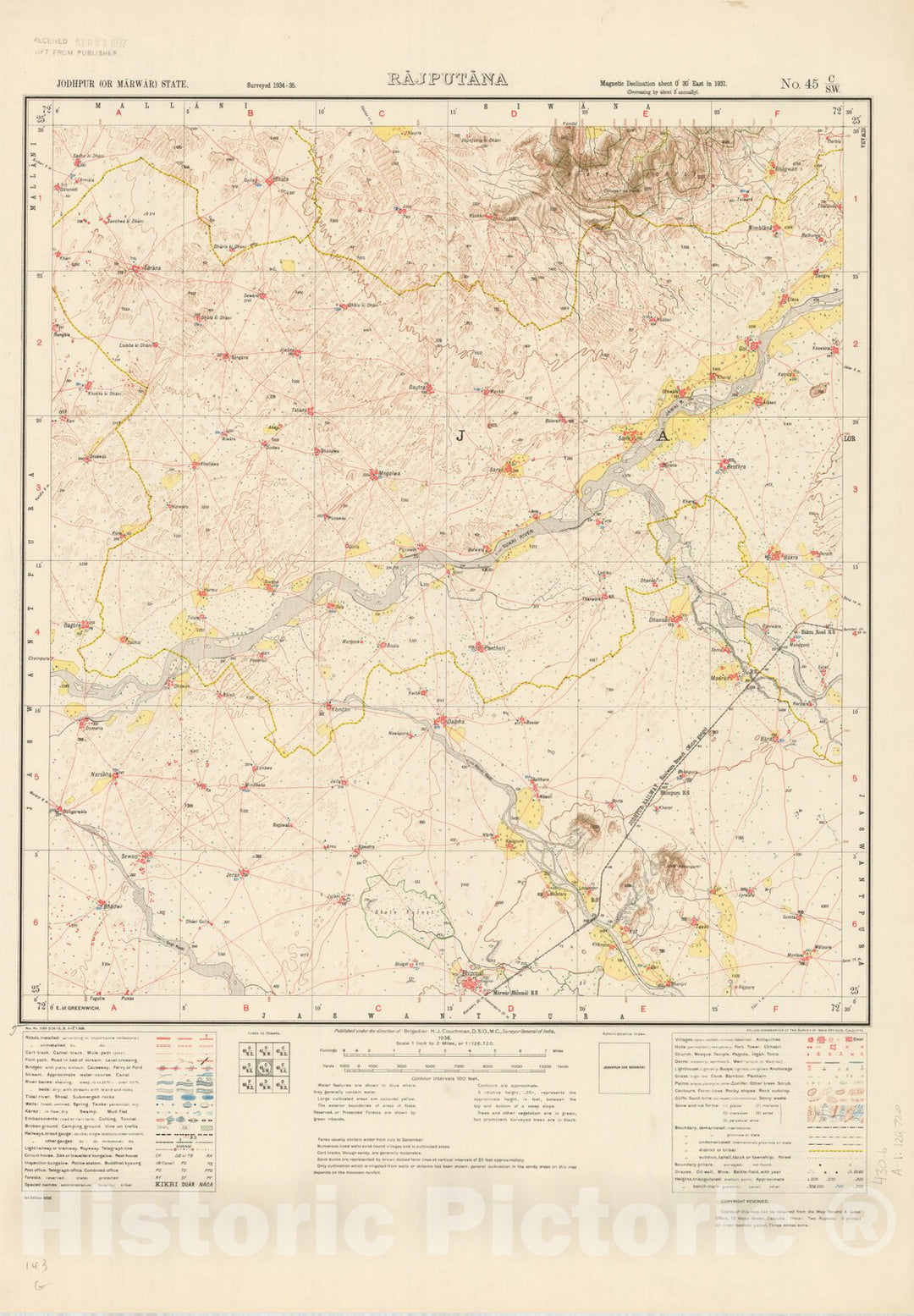 Map : Jodhpur (or Marwar) State, Rajputana, No. 45 C/S.W. 1936, India and adjacent countries, Antique Vintage Reproduction