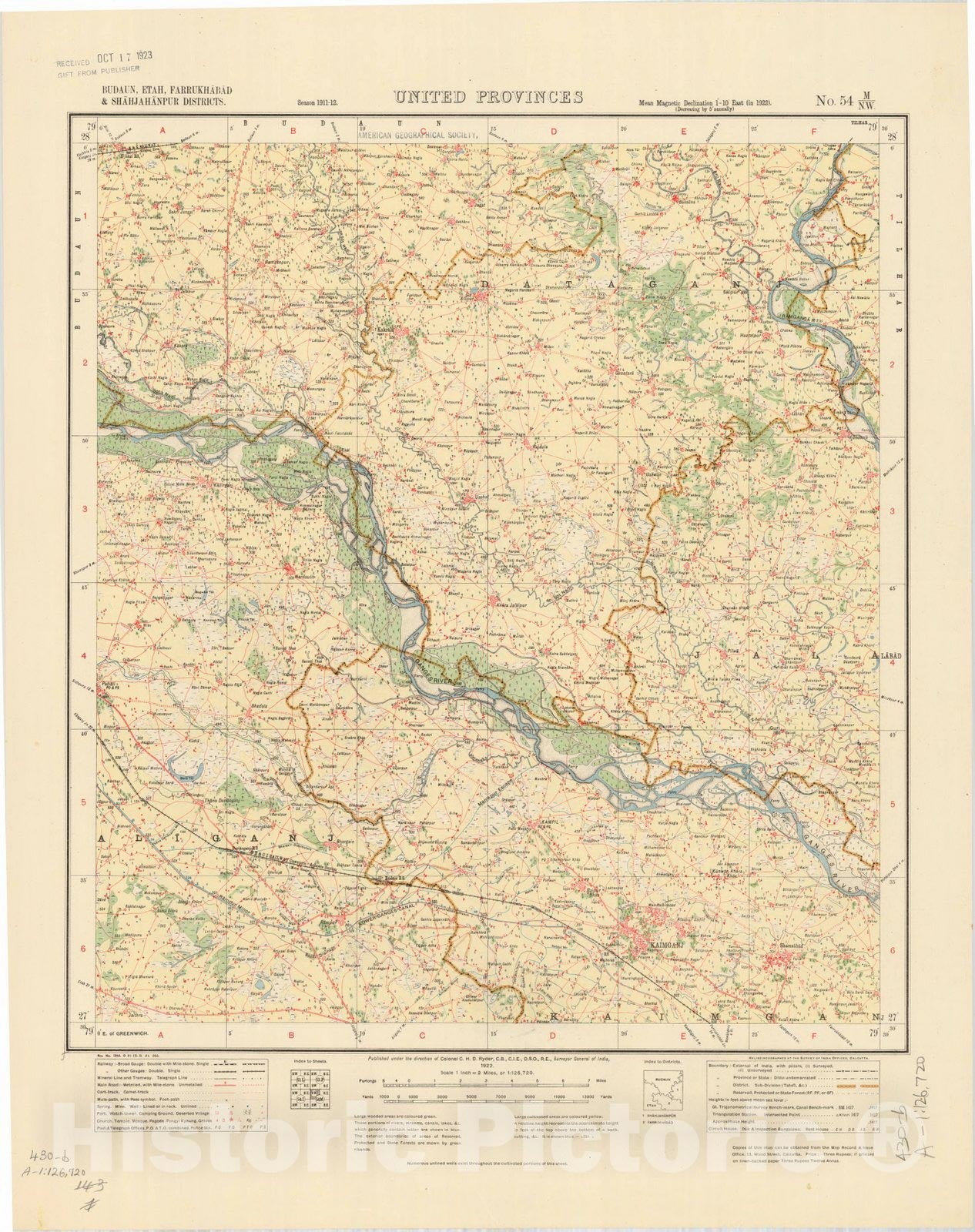 Map : Budaun, Etah, Farrukhabad & Shahjahanpur Districts, United Provinces, No. 54 M/N.W. 1922, India and adjacent countries, Antique Vintage Reproduction